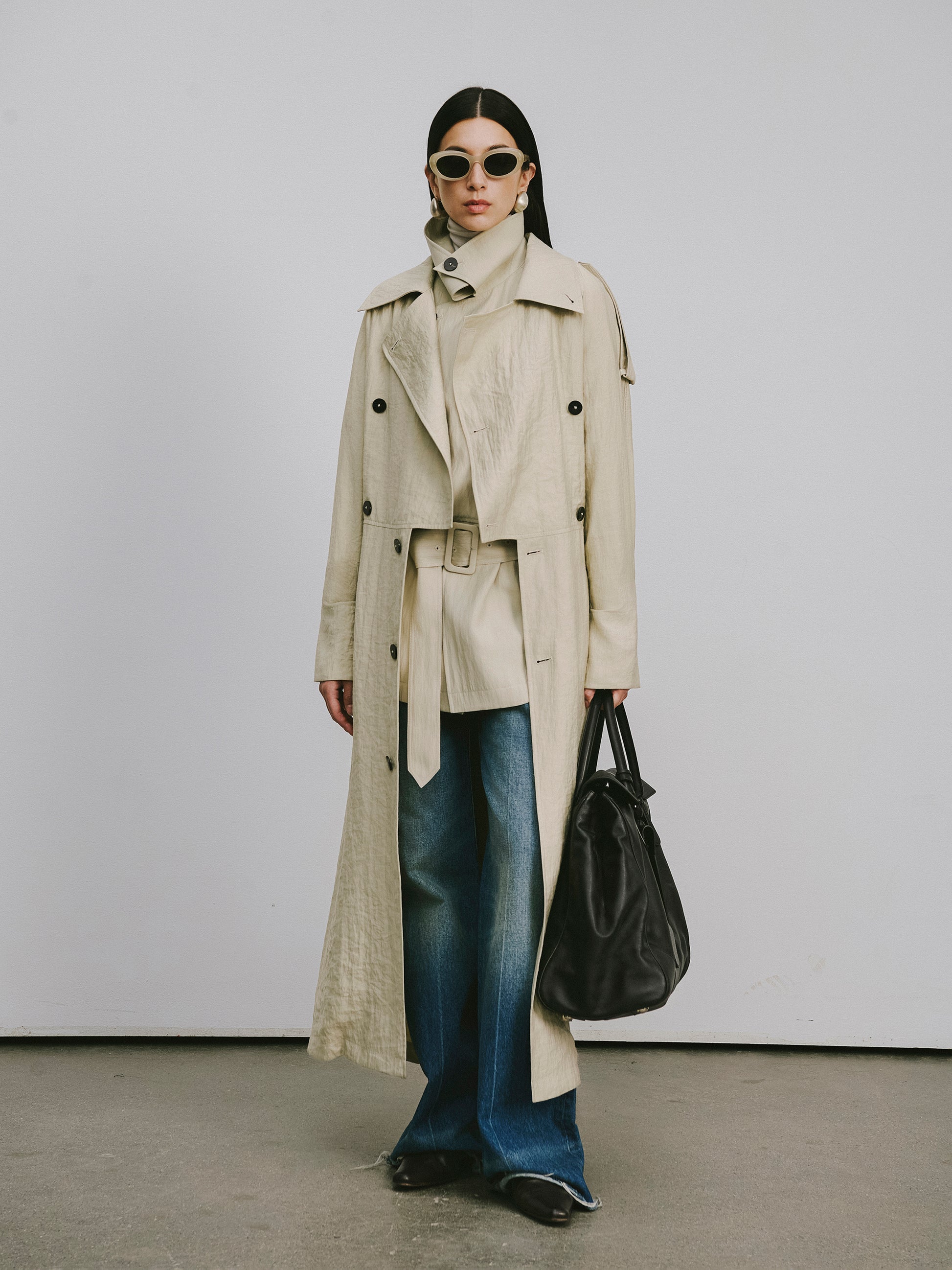 Textured Raglan-Sleeve Long Trench Coat with Organic Draping