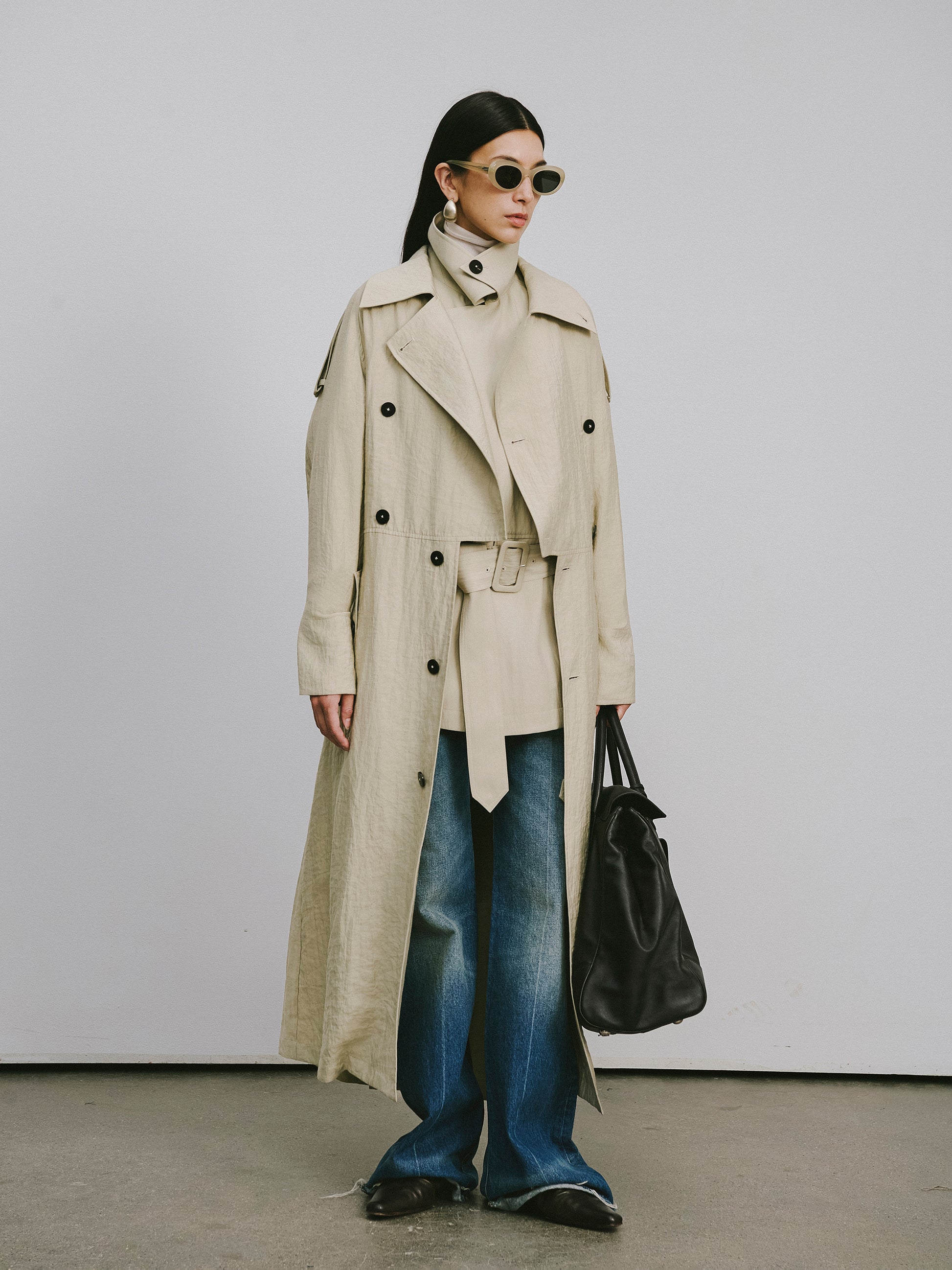Textured Raglan-Sleeve Long Trench Coat with Organic Draping