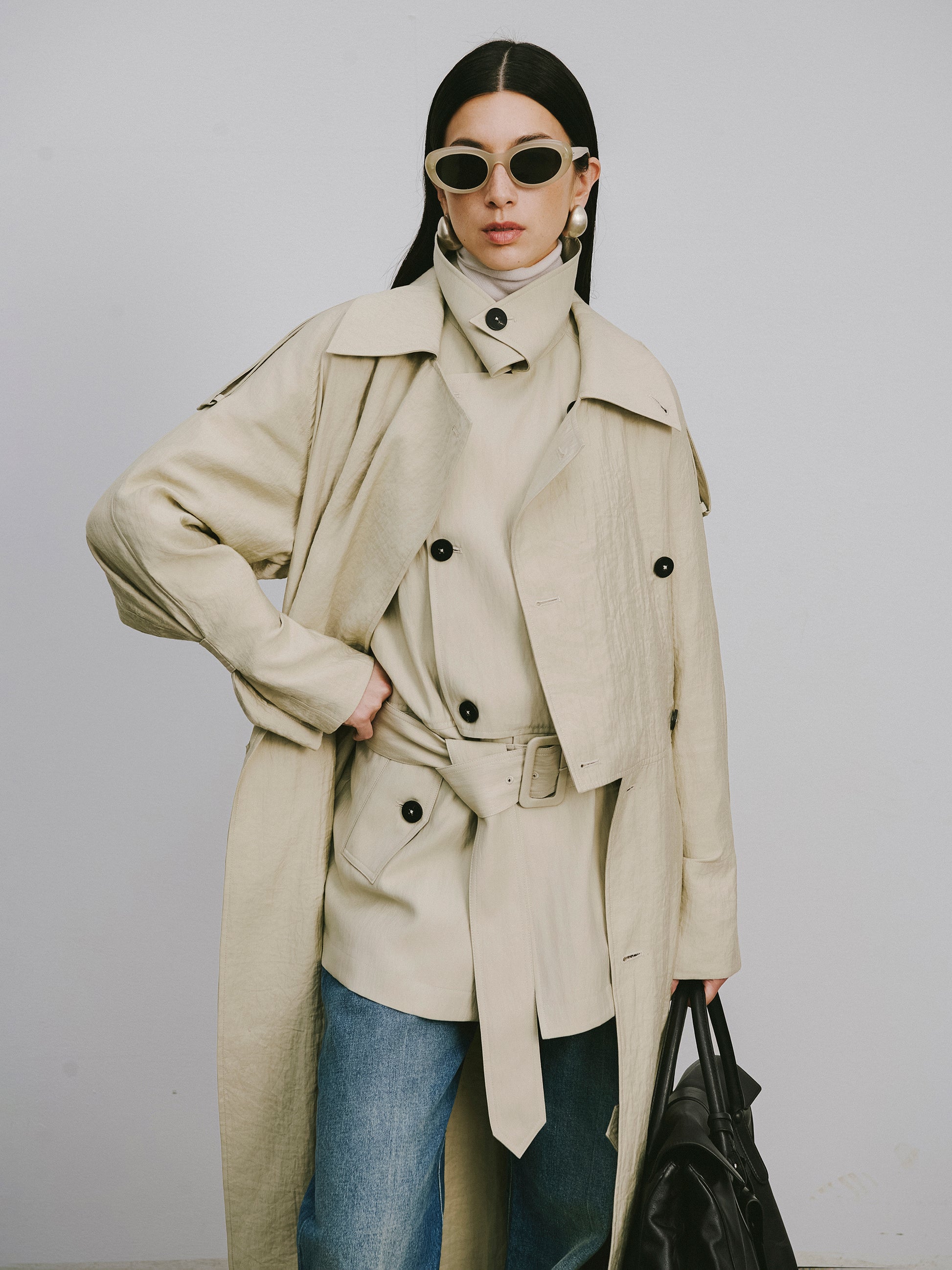 Textured Raglan-Sleeve Long Trench Coat with Organic Draping