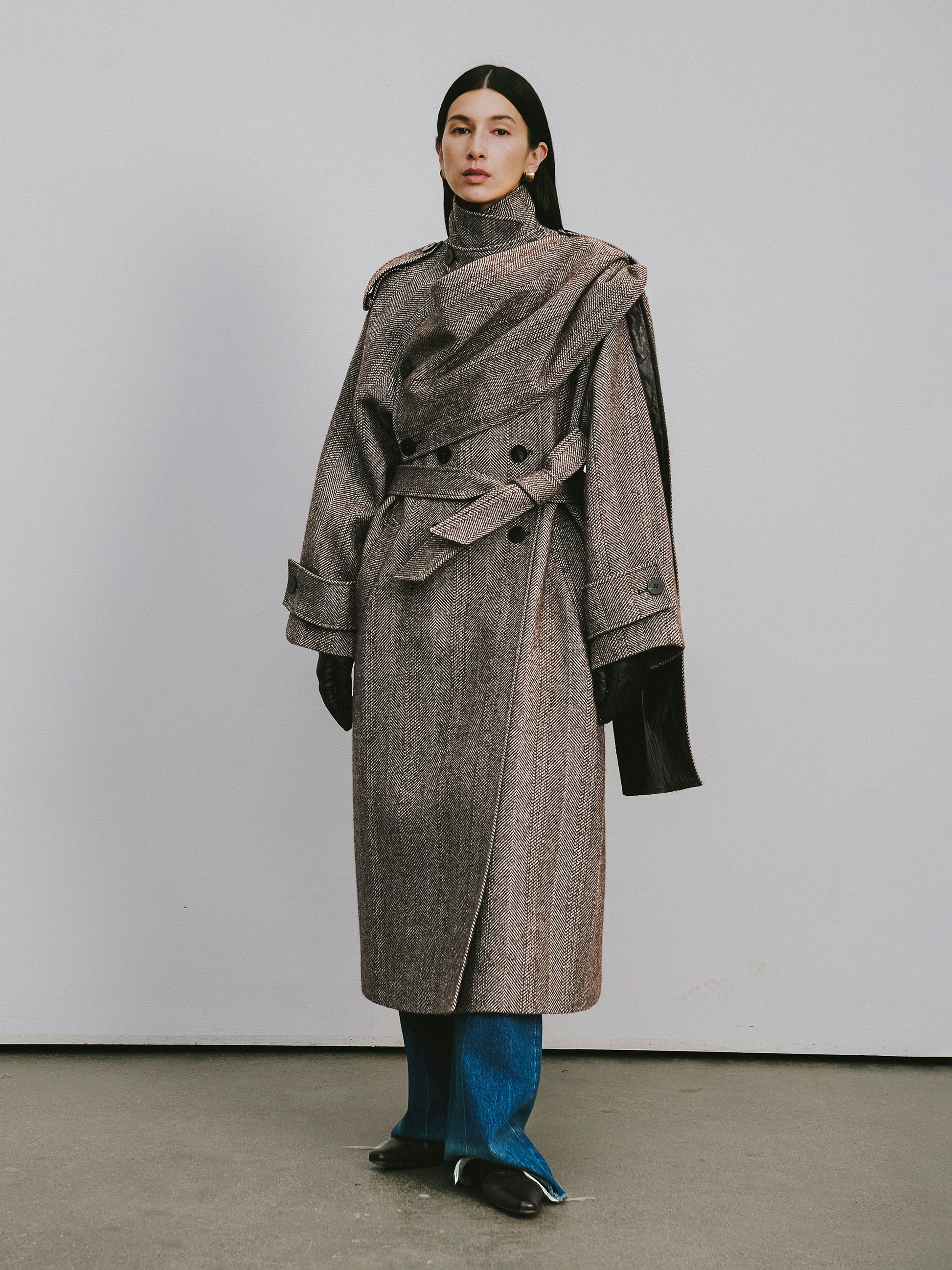 Detachable Shawl Collar Herringbone Faux Leather Blend Coat