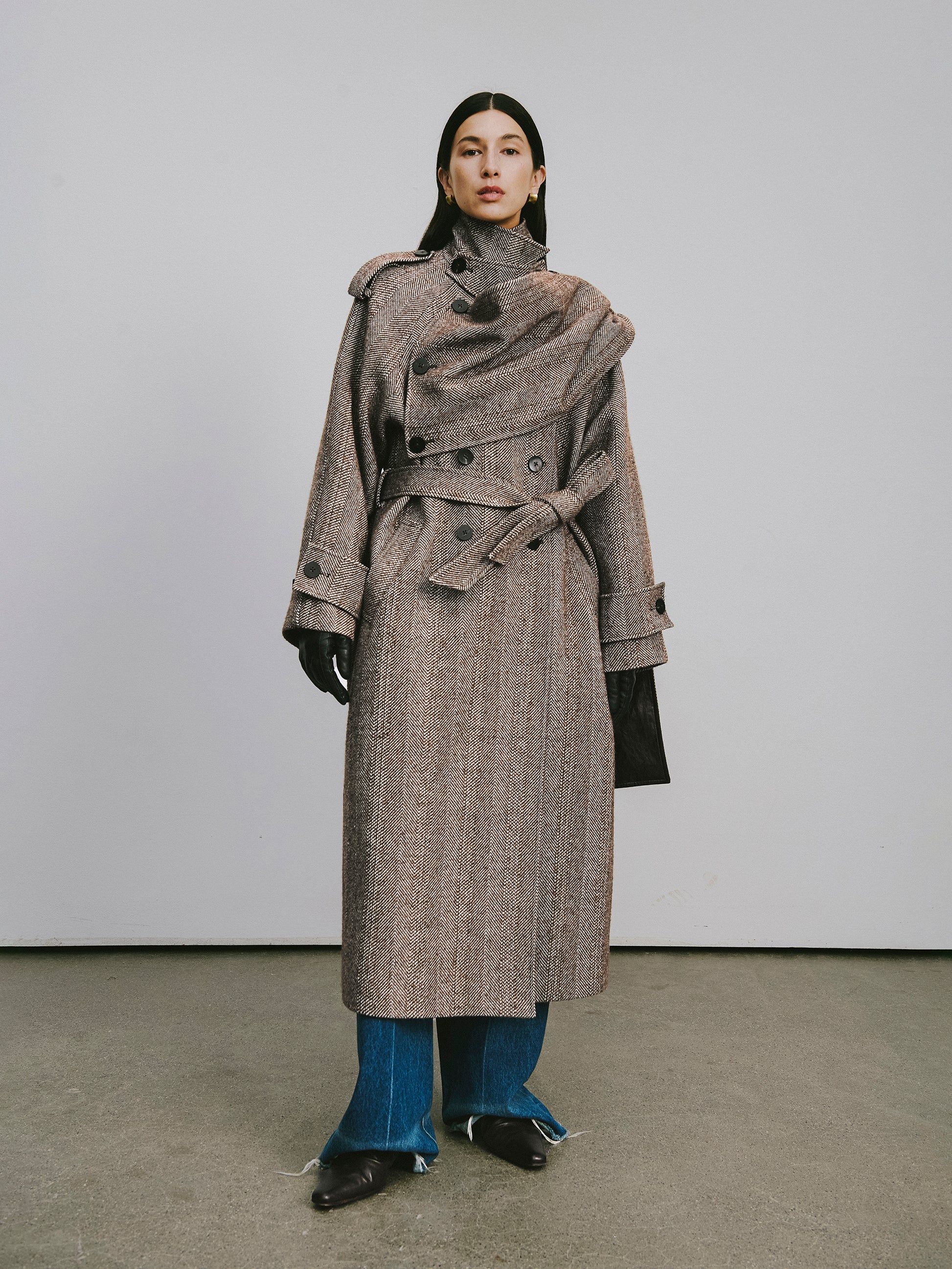 Detachable Shawl Collar Herringbone Faux Leather Blend Coat