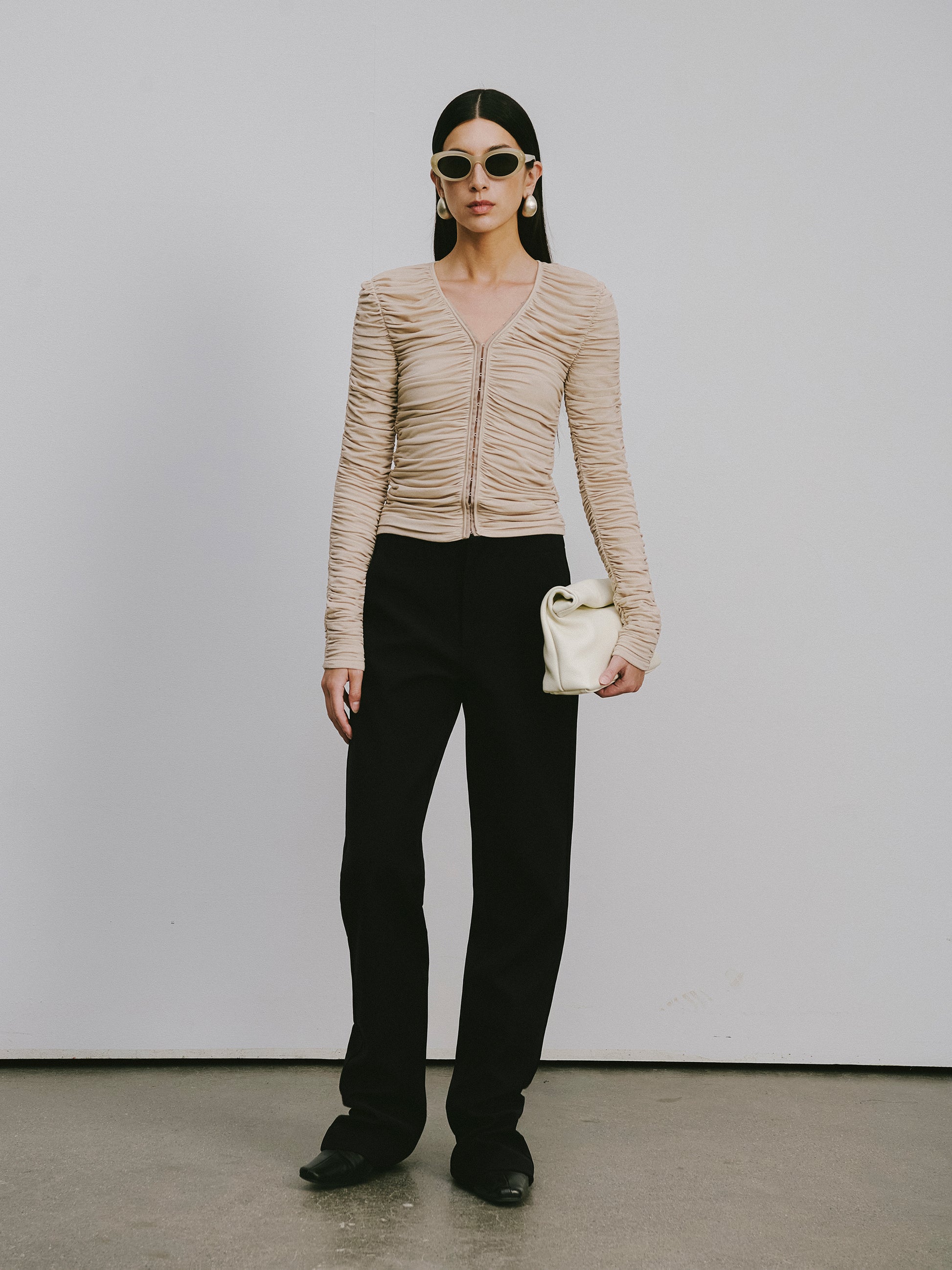 Smocked V-Neck Top with Hidden Hook Placket