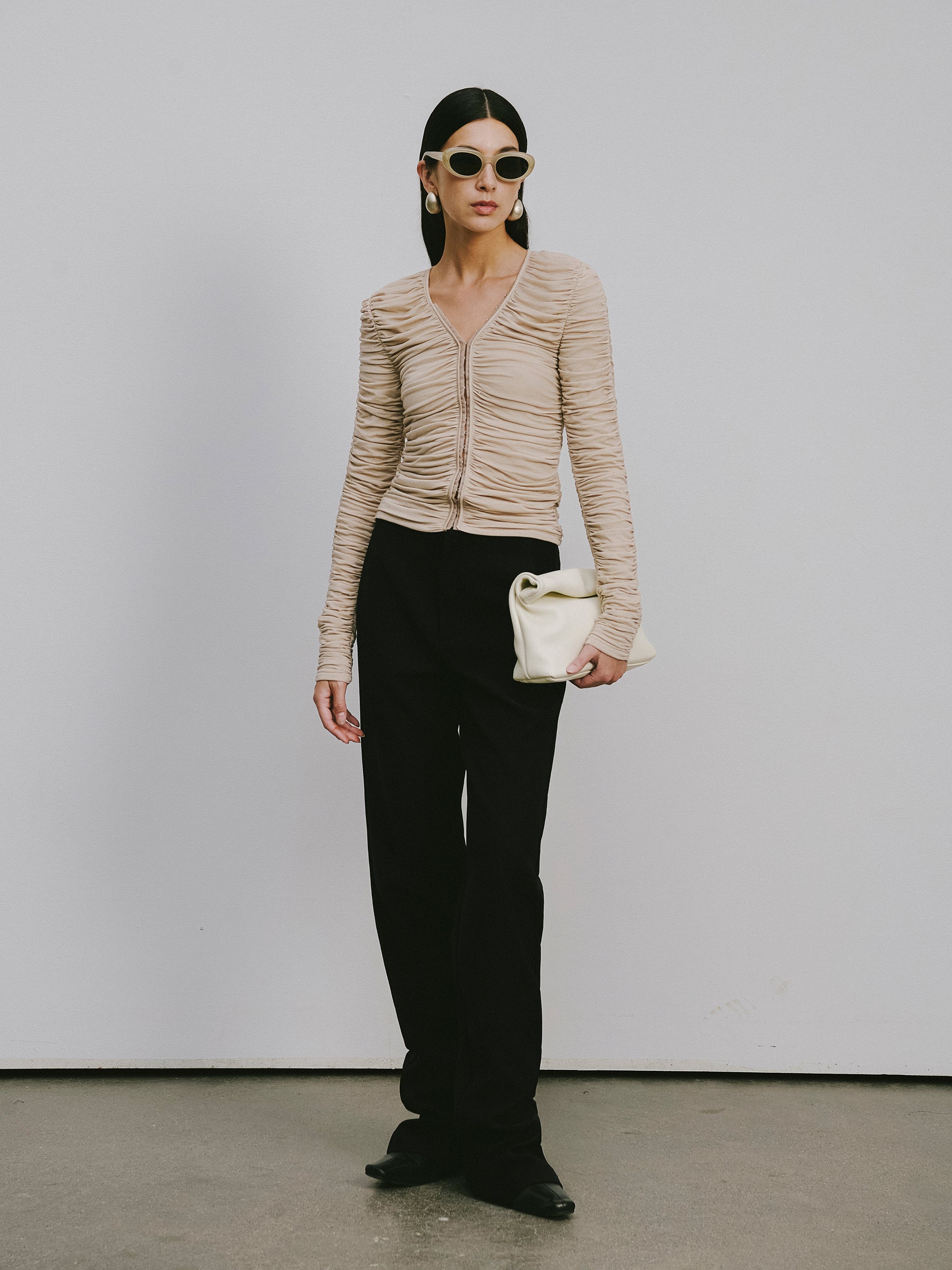 Smocked V-Neck Top with Hidden Hook Placket