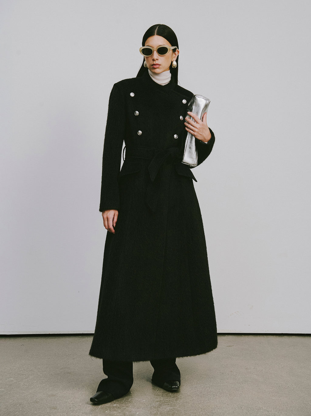 Stand Collar Tie-Waist X-Silhouette Long Coat