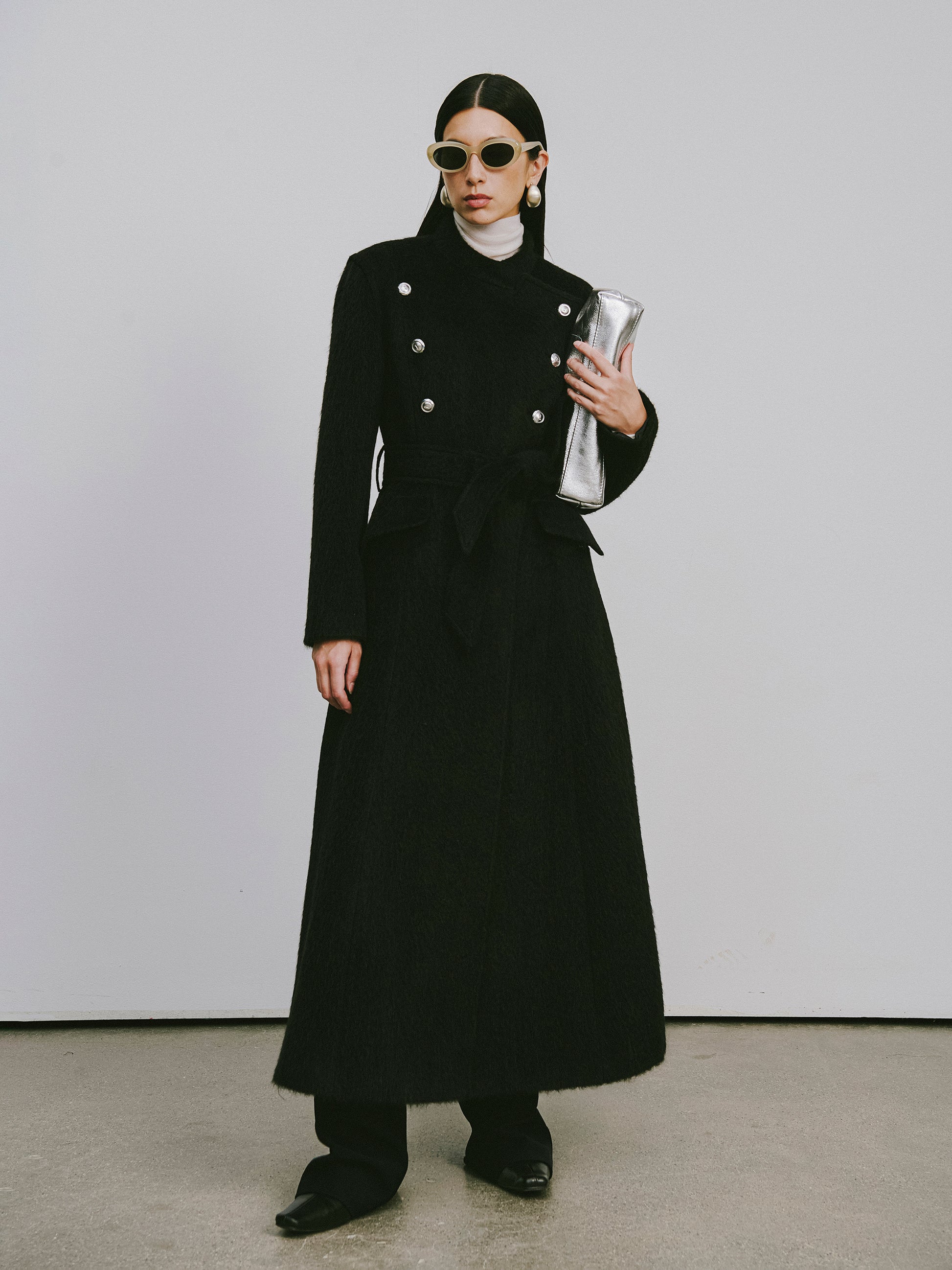 Stand Collar Tie-Waist X-Silhouette Long Coat