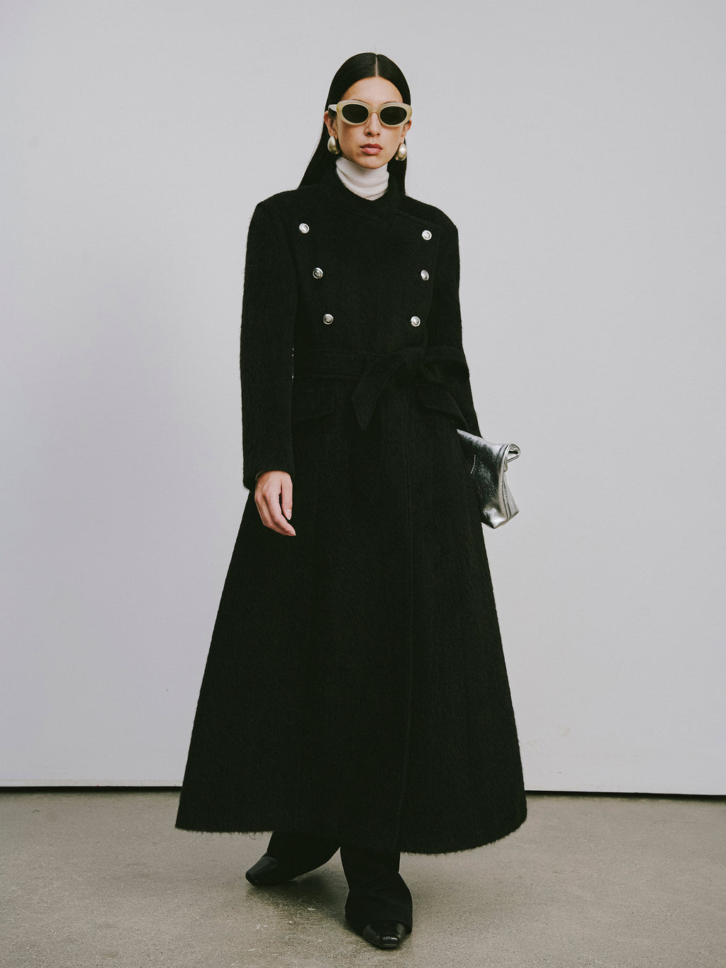 Stand Collar Tie-Waist X-Silhouette Long Coat
