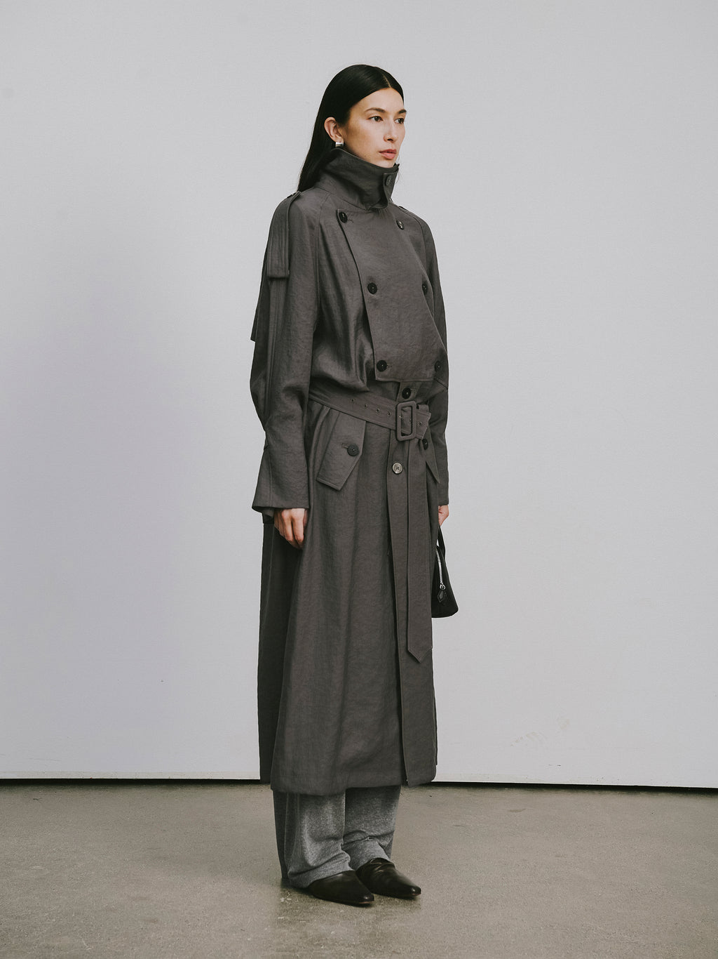 Textured Raglan-Sleeve Long Trench Coat with Organic Draping