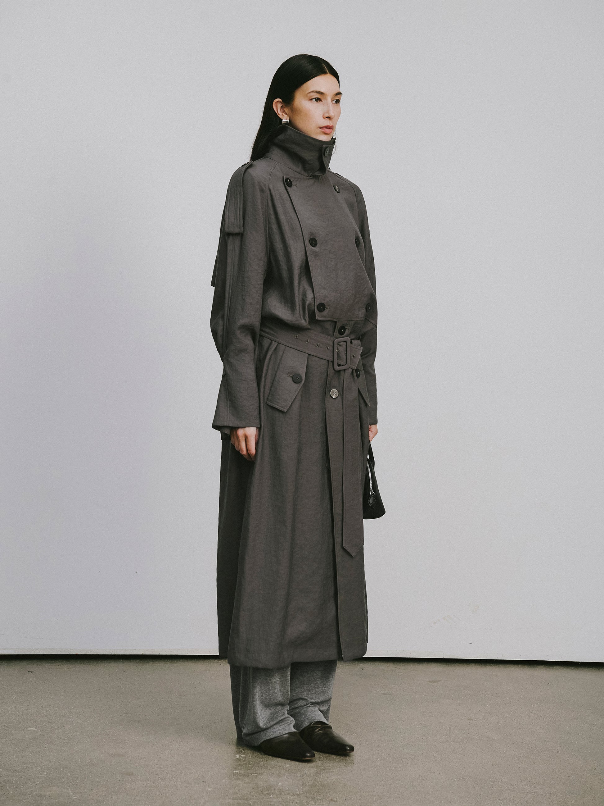Textured Raglan-Sleeve Long Trench Coat with Organic Draping