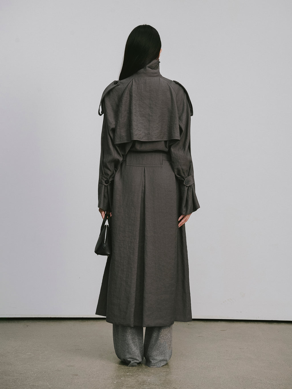 Textured Raglan-Sleeve Long Trench Coat with Organic Draping