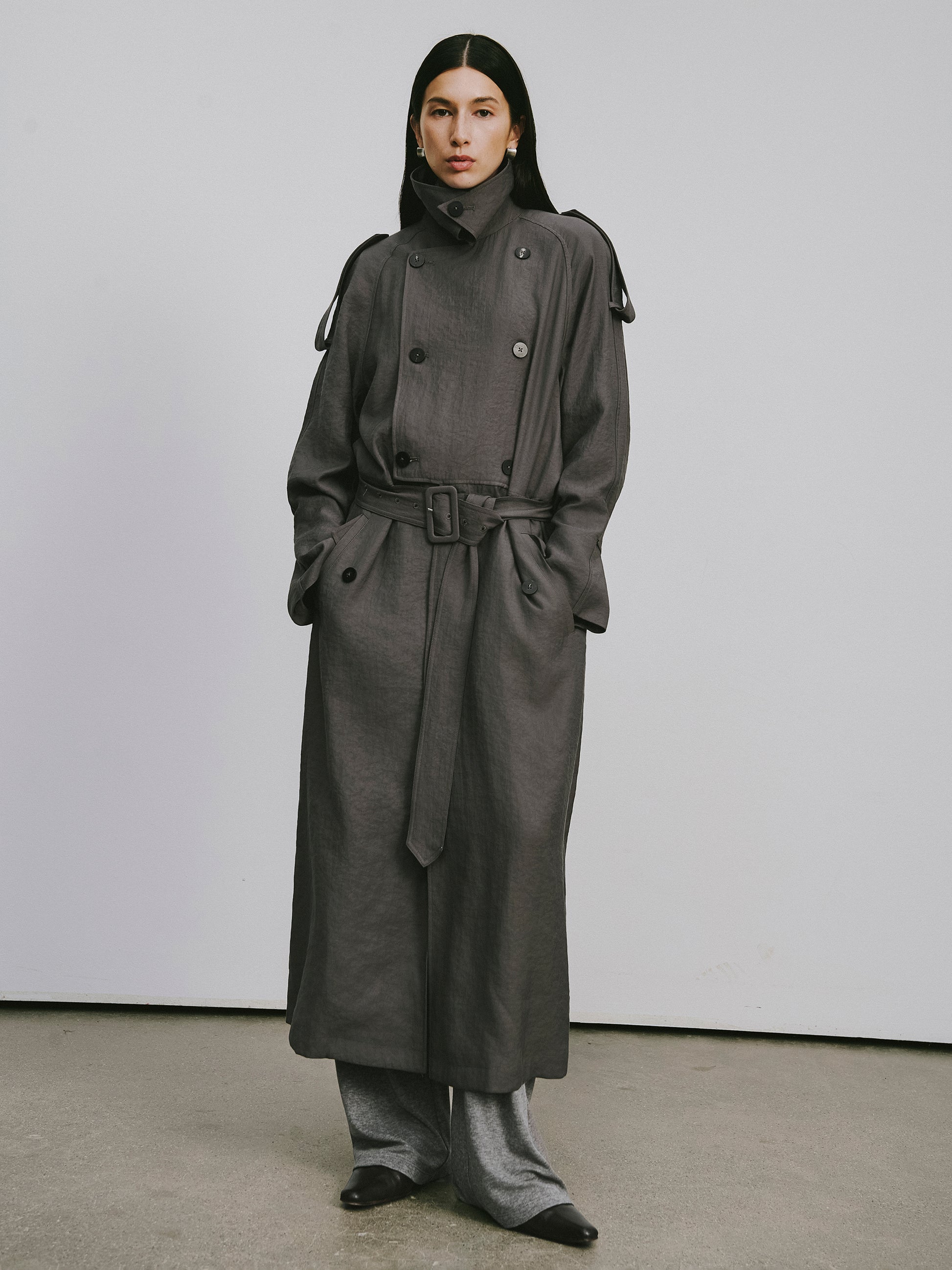Textured Raglan-Sleeve Long Trench Coat with Organic Draping