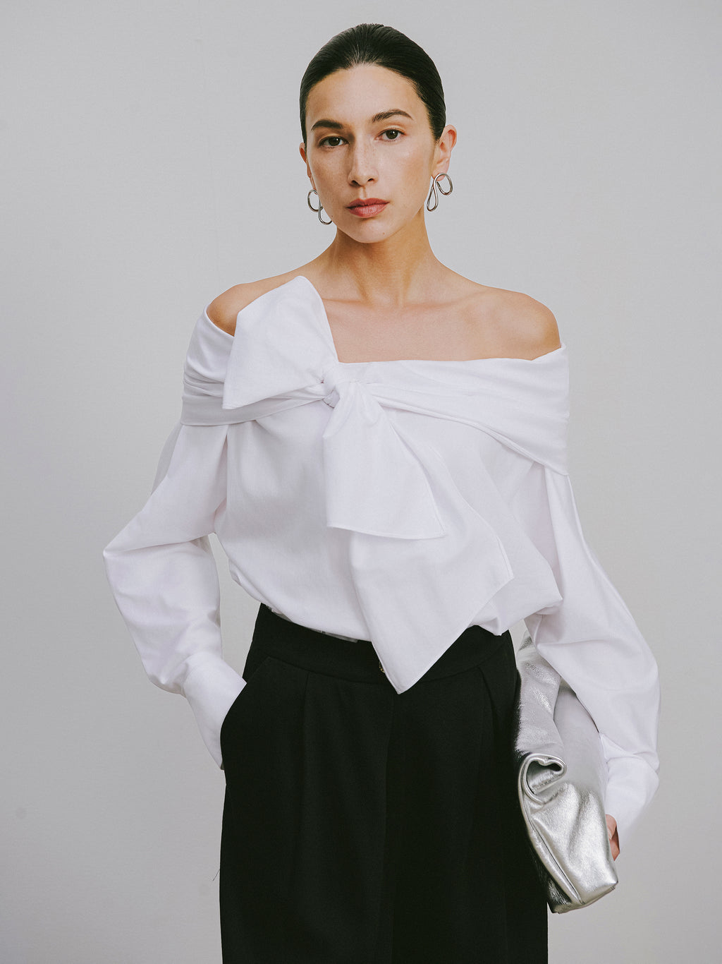One-Shoulder Blouse with Single-Loop Bow