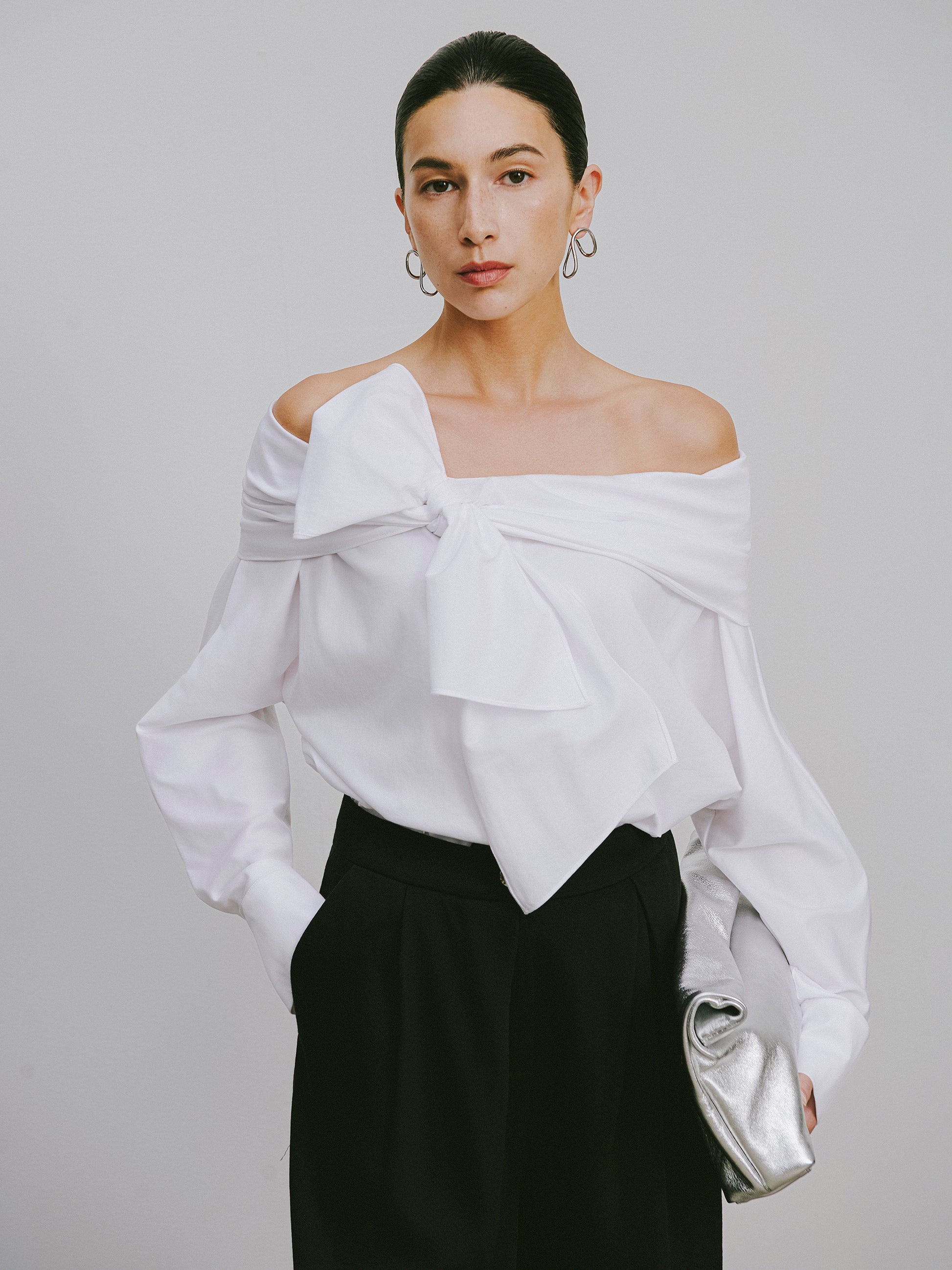 One-Shoulder Blouse with Single-Loop Bow
