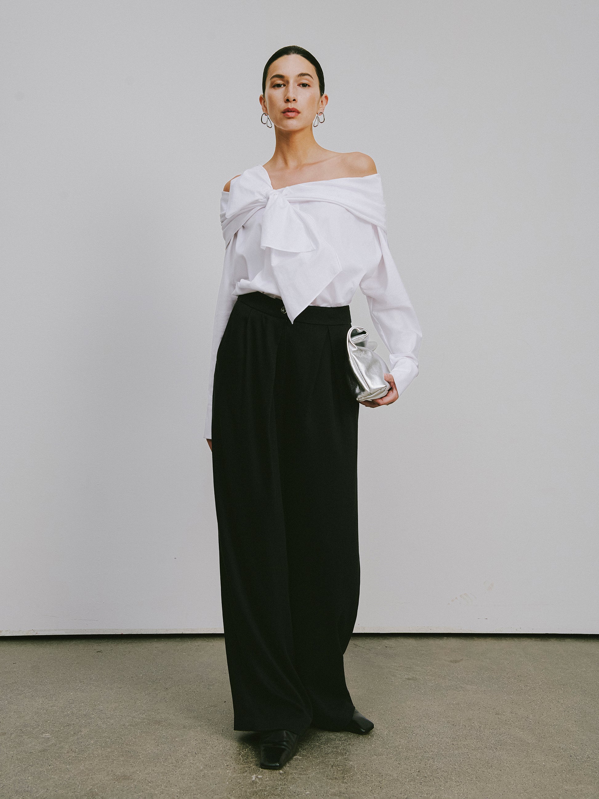 One-Shoulder Blouse with Single-Loop Bow