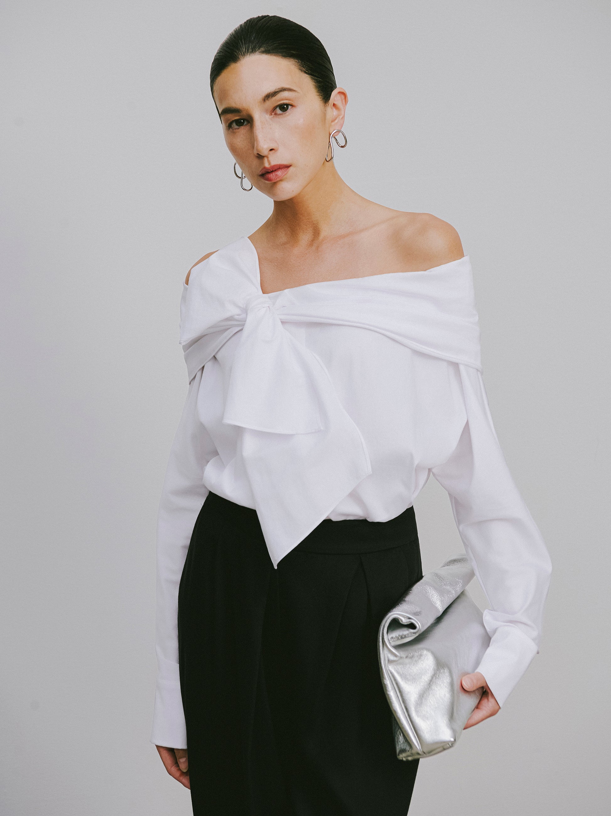 One-Shoulder Blouse with Single-Loop Bow