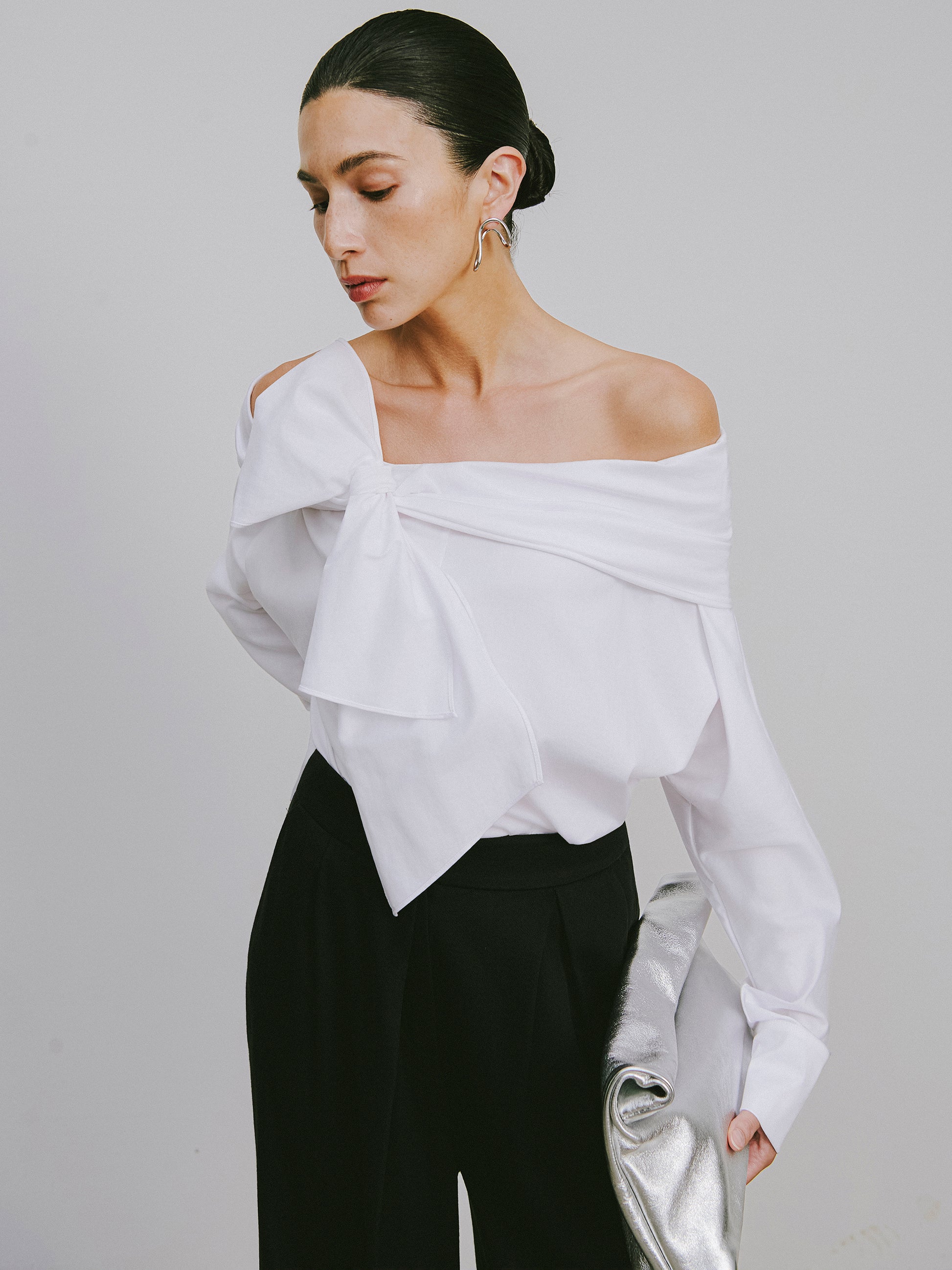 One-Shoulder Blouse with Single-Loop Bow