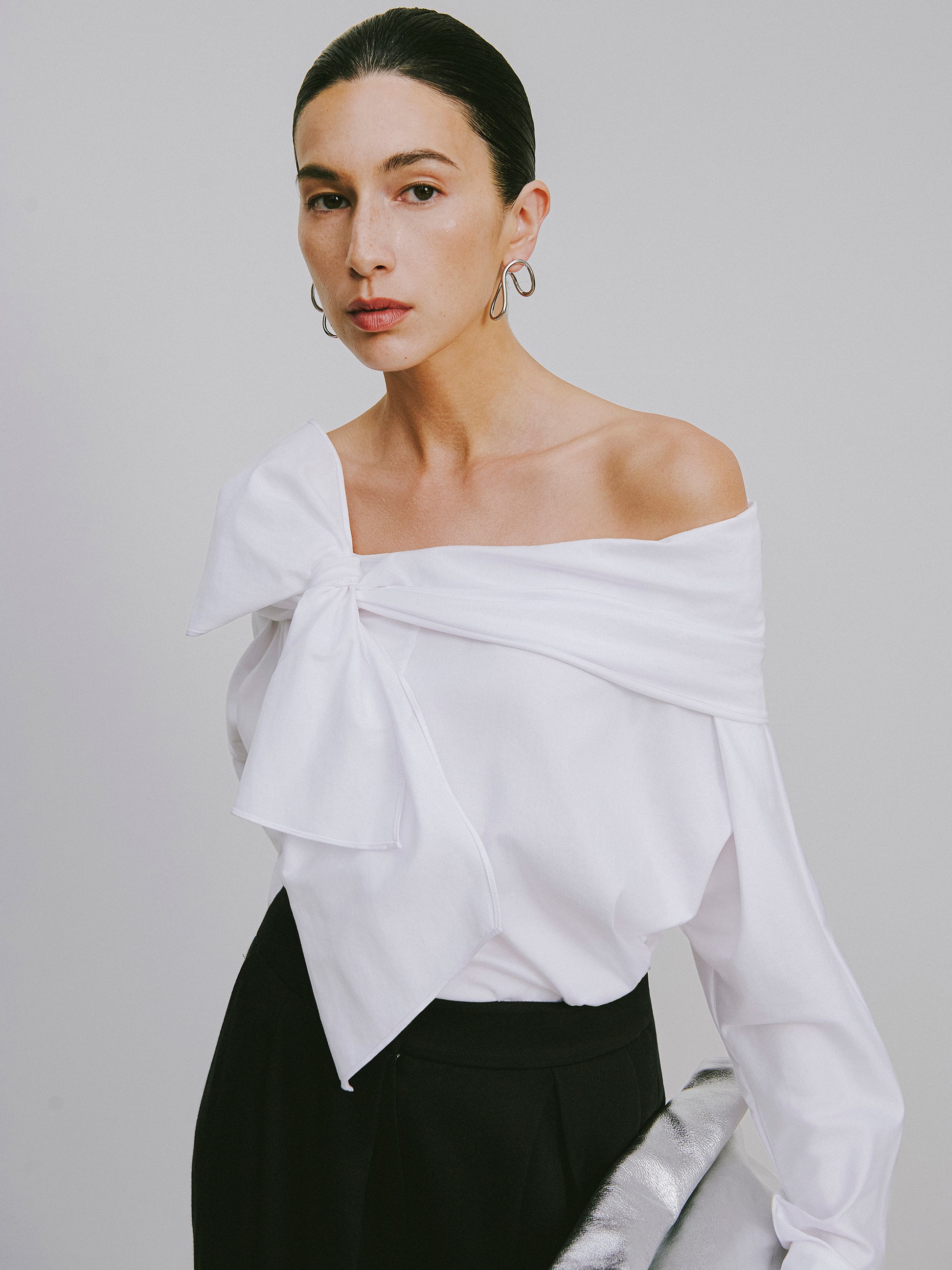 One-Shoulder Blouse with Single-Loop Bow