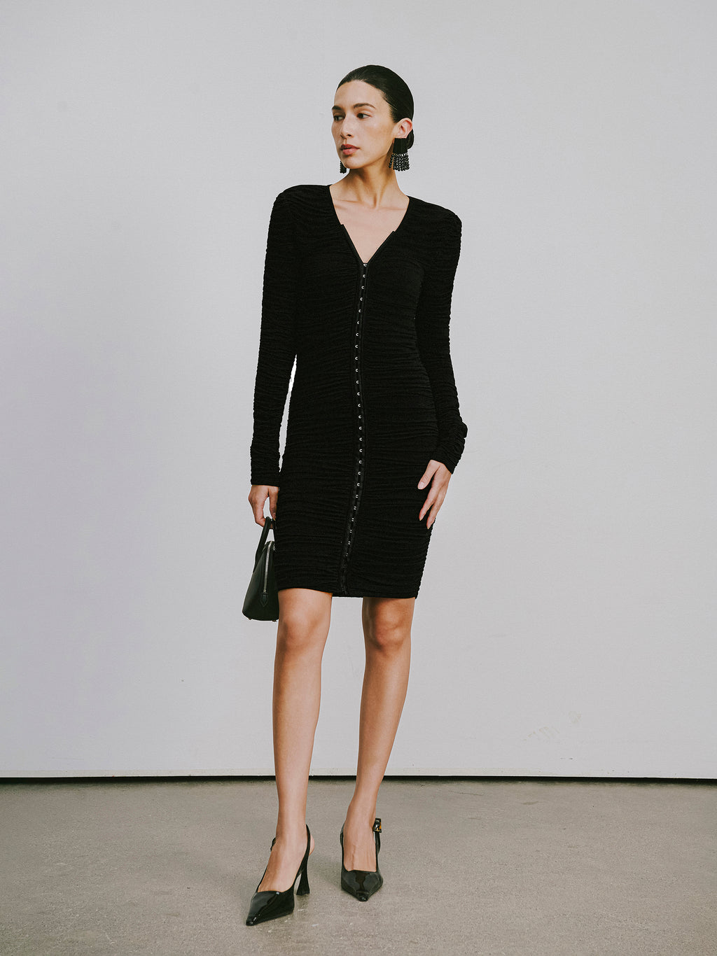 Full-Smocked V-Neck Dress with Hidden Hook Closure