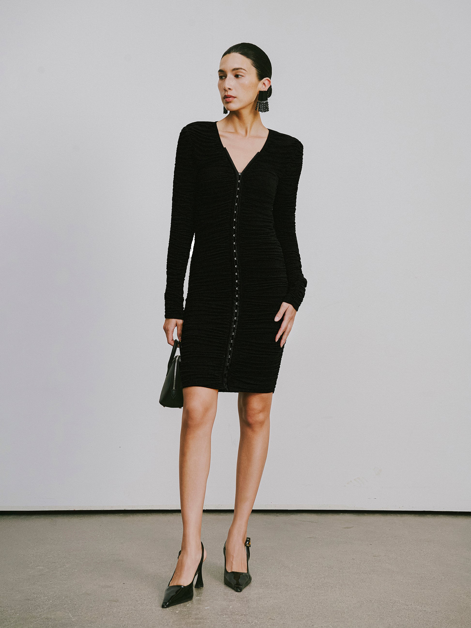 Full-Smocked V-Neck Dress with Hidden Hook Closure