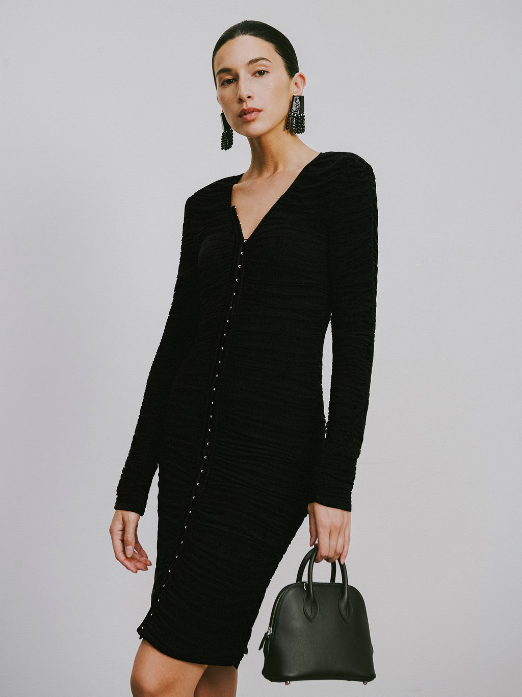 Full-Smocked V-Neck Dress with Hidden Hook Closure