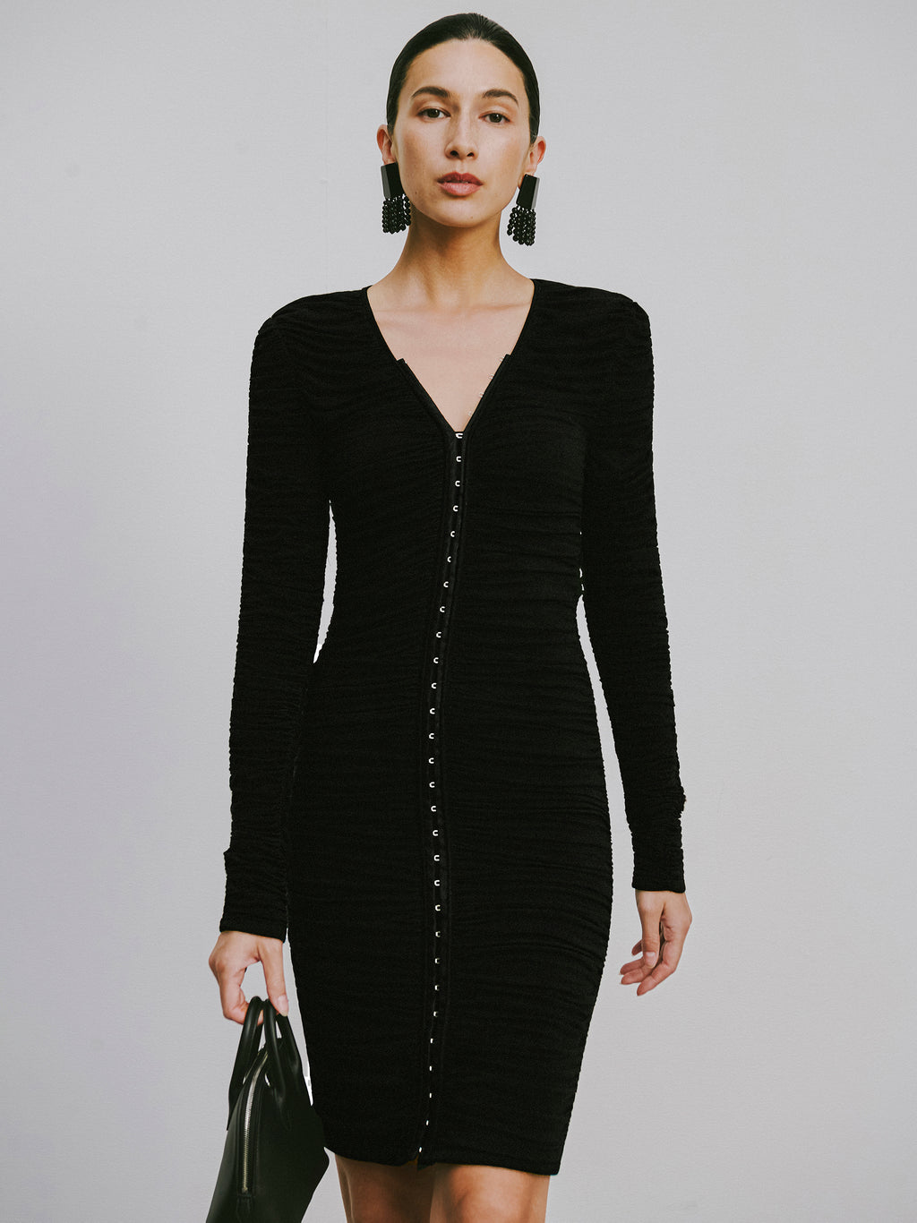 Full-Smocked V-Neck Dress with Hidden Hook Closure