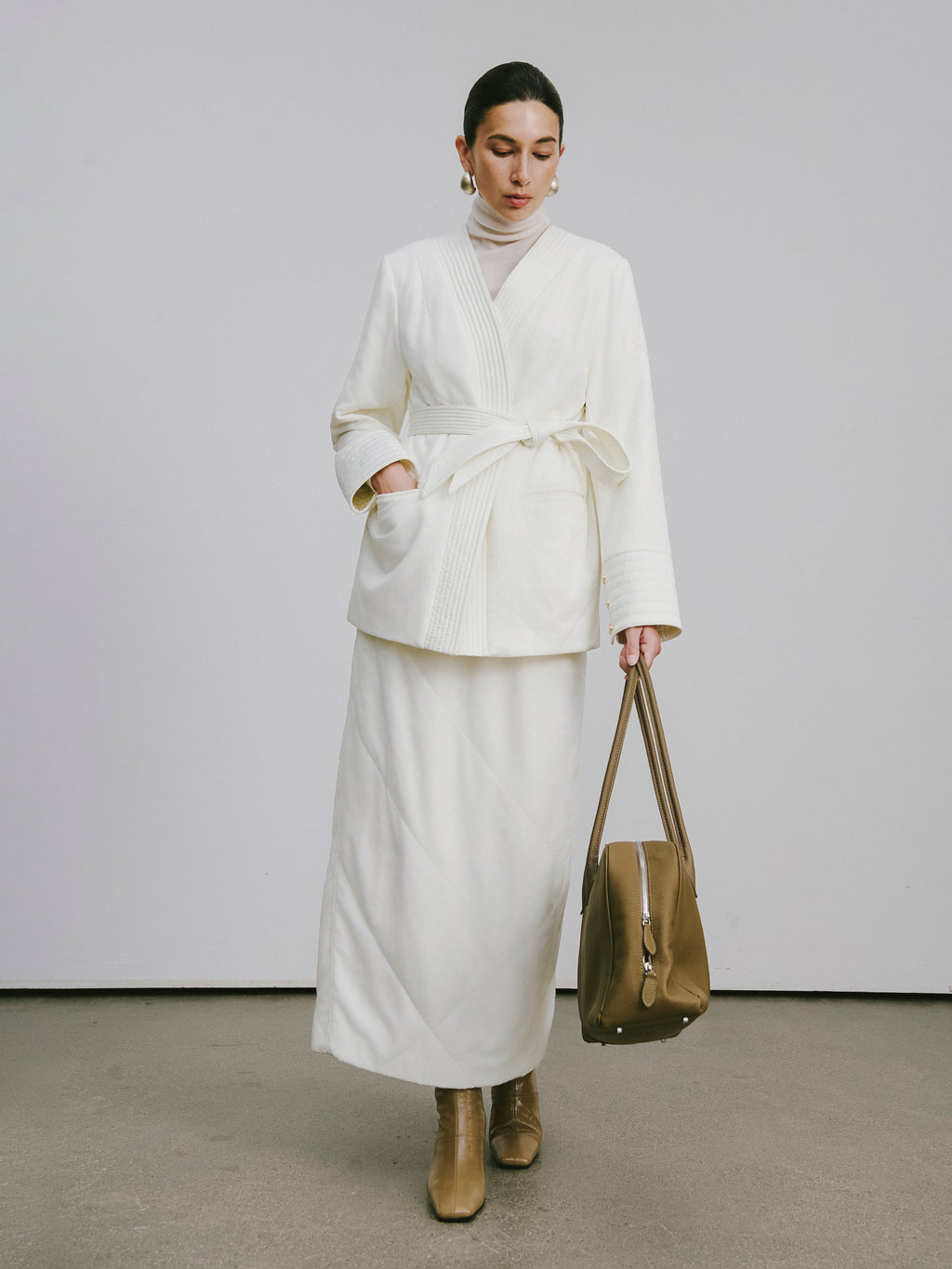 Quilted Wool Fill Collarless Coat