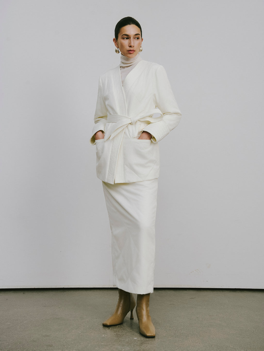 Quilted Wool Fill Collarless Coat