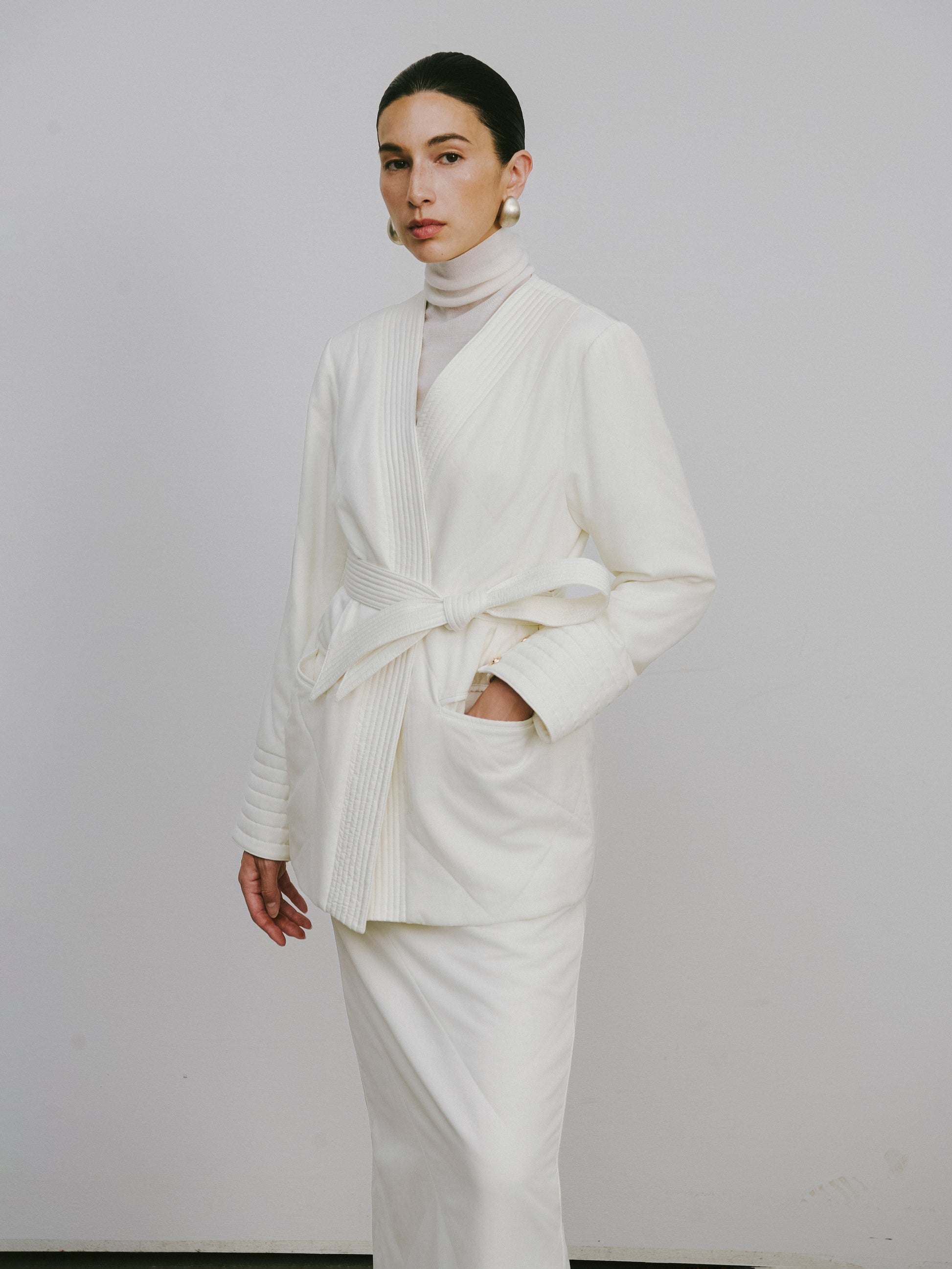 Quilted Wool Fill Collarless Coat