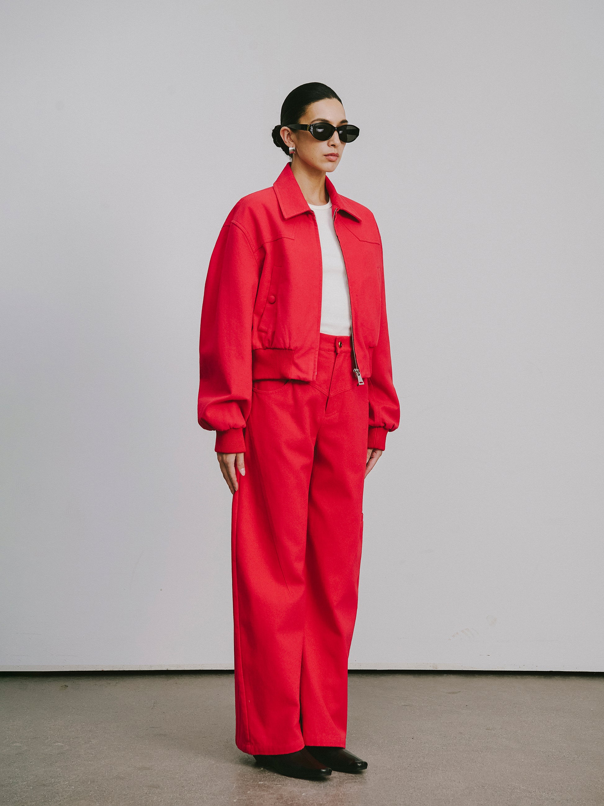 High-Rise Curved Hem Denim Pants