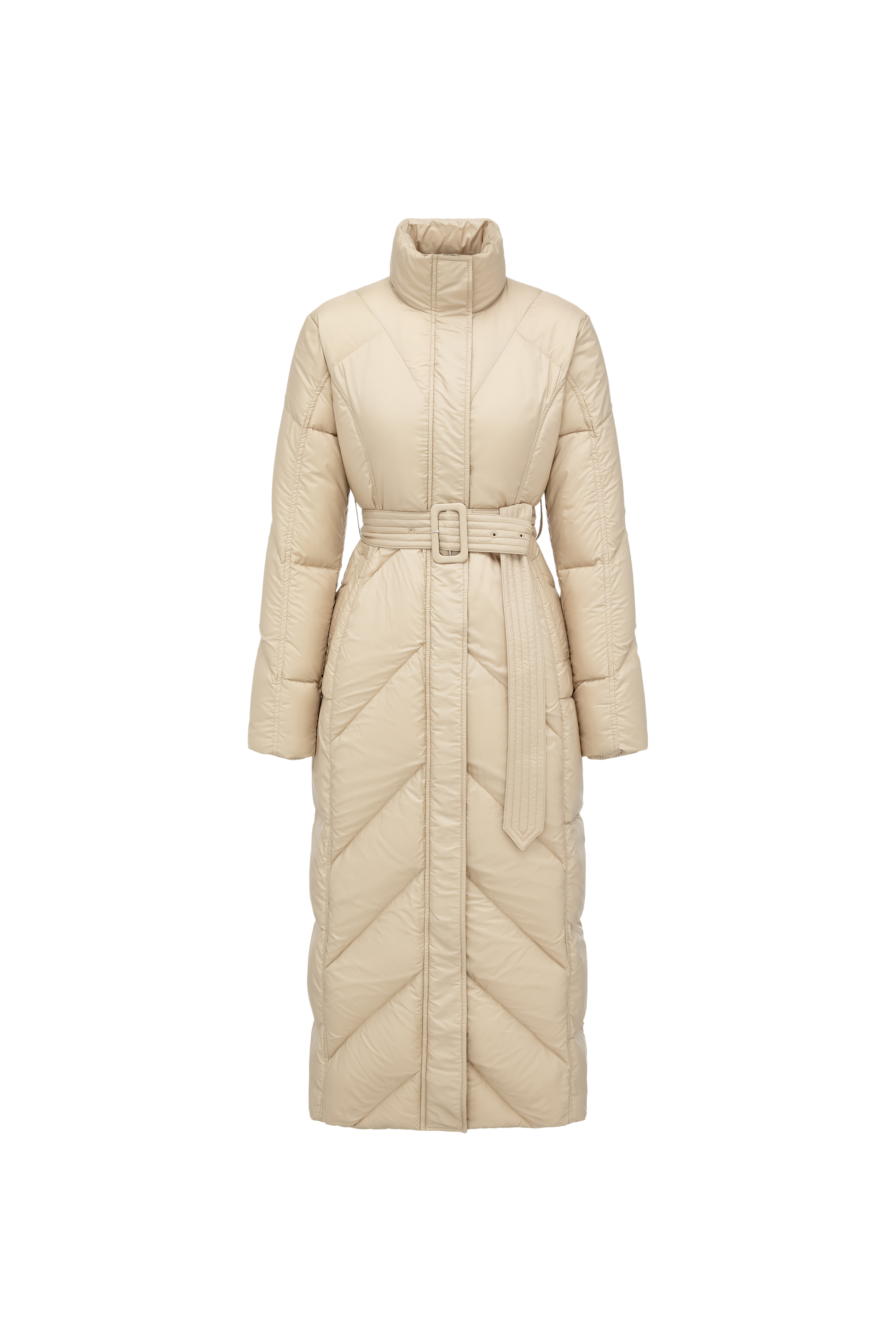Minimalist Draped Long Down Coat with Structured Shoulder