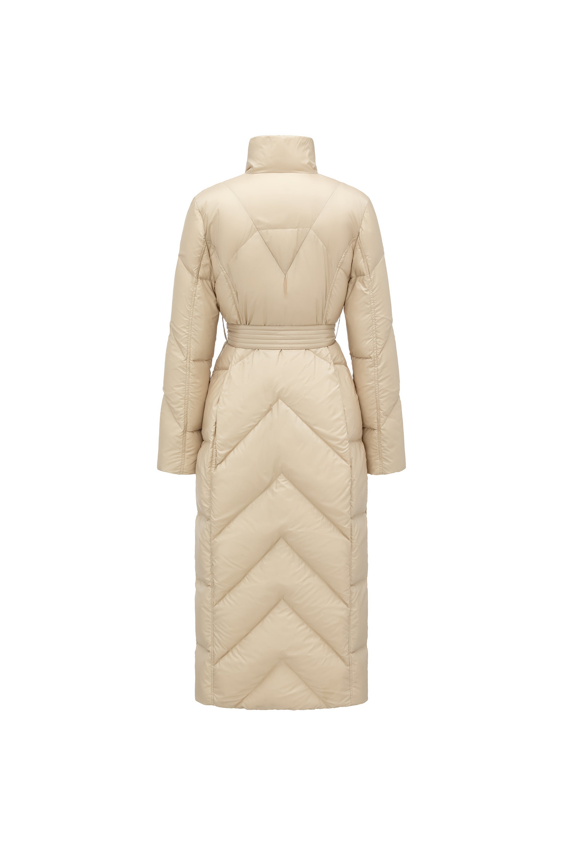 Minimalist Draped Long Down Coat with Structured Shoulder