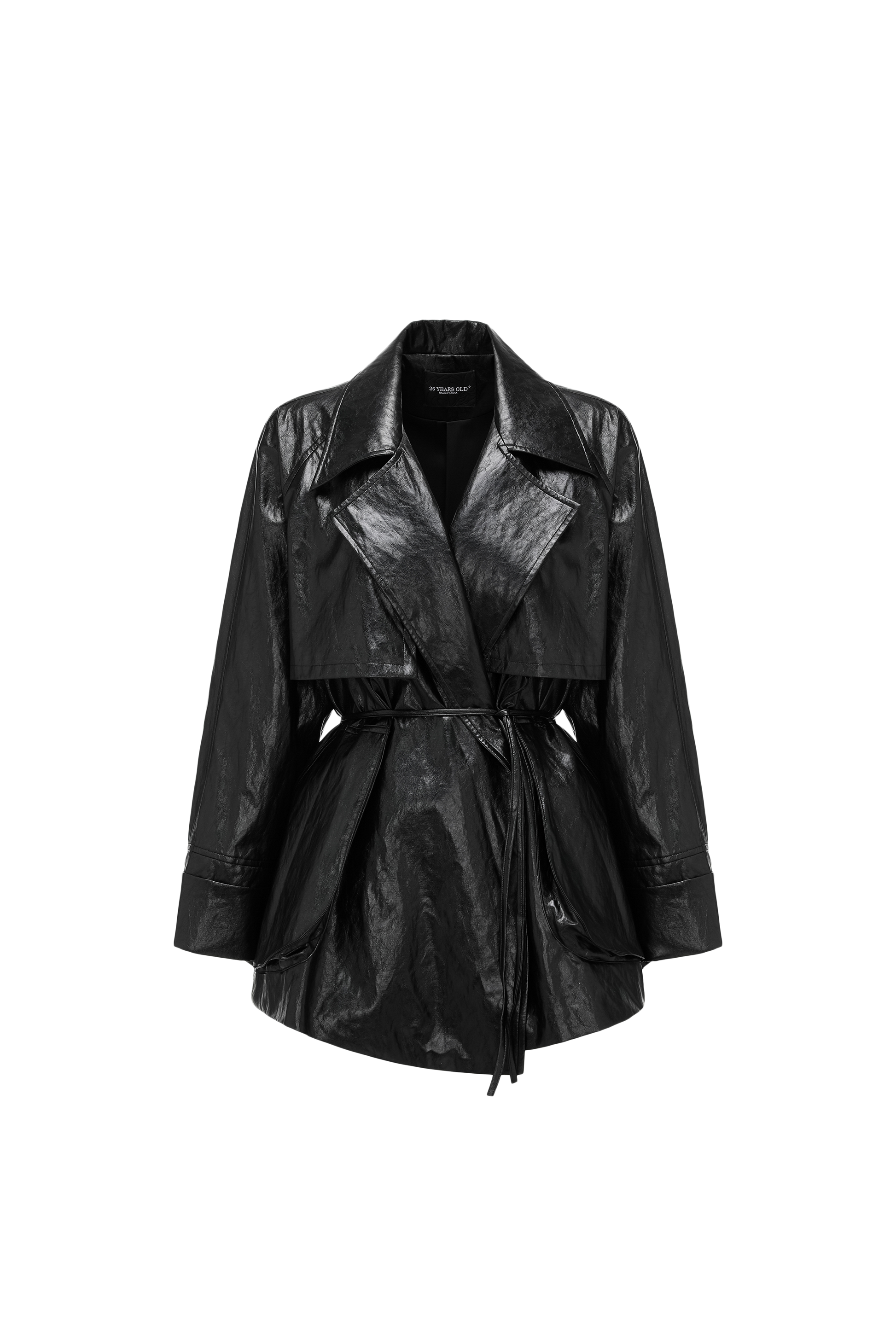 Relaxed Fit Belted Thigh-Length Leather-Look Jacket ( Faux Leather)