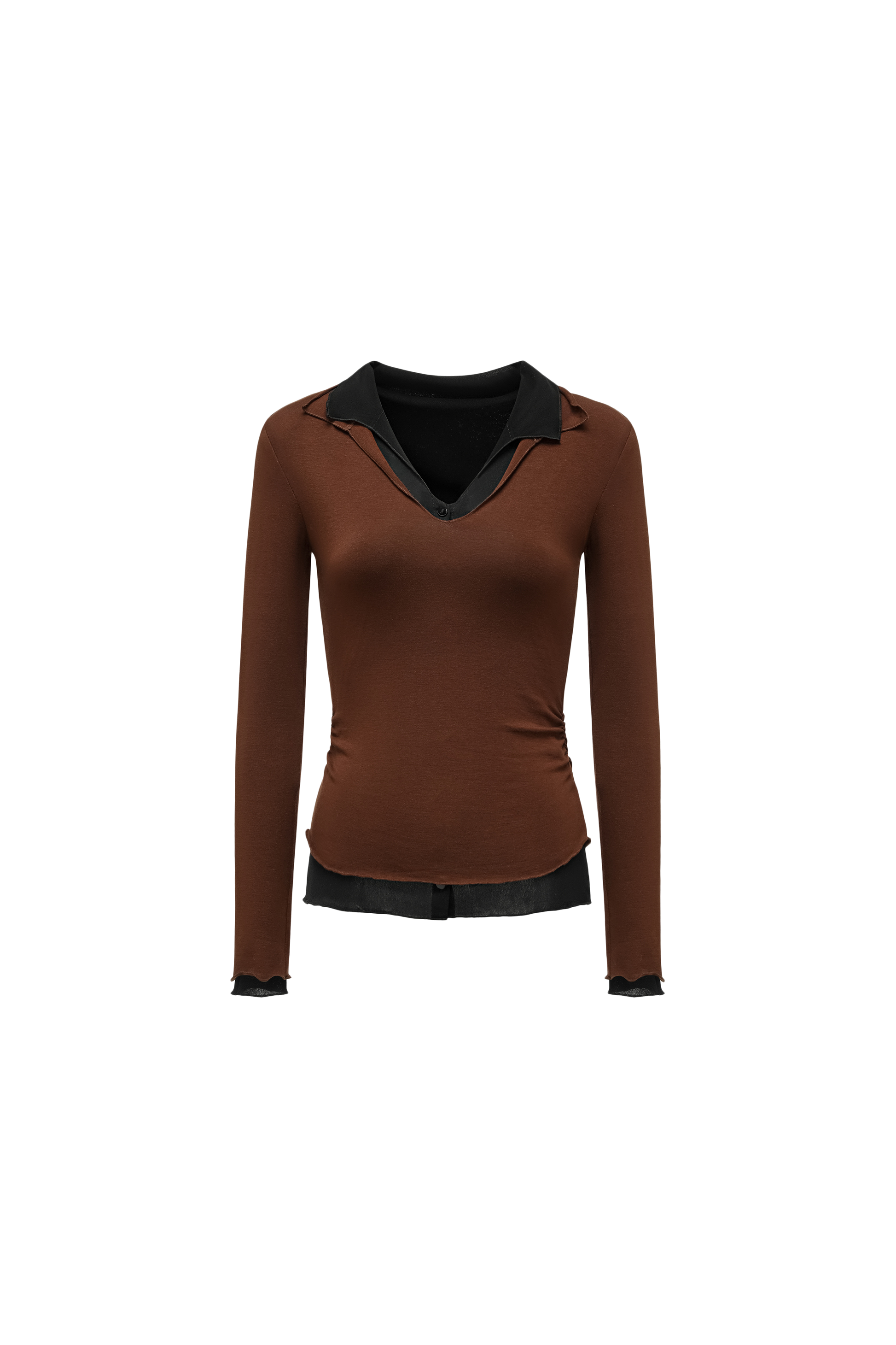 Color-Blocked Layered V-Neck Top (Fake Two-Piece)