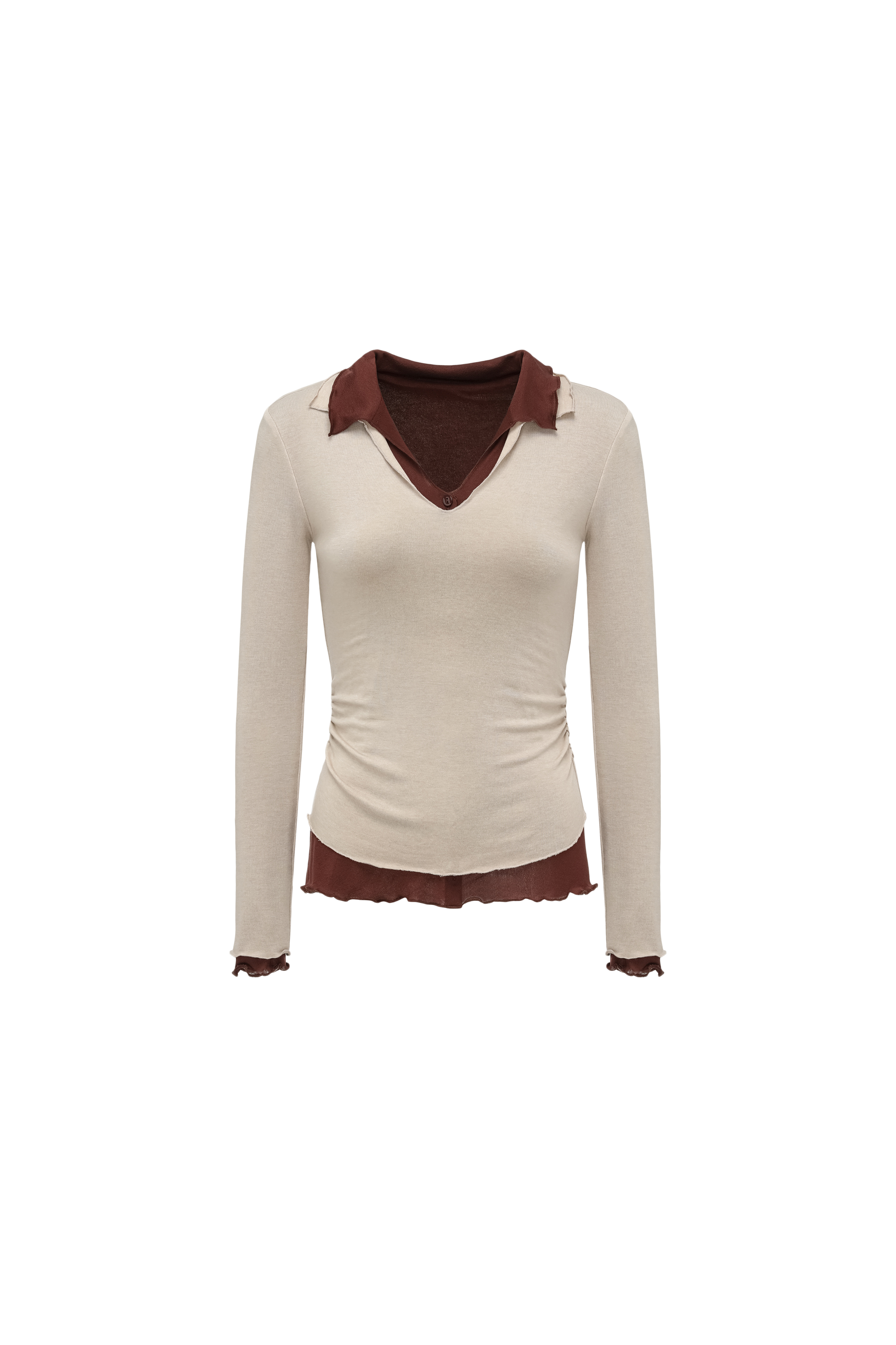 Color-Blocked Layered V-Neck Top (Fake Two-Piece)