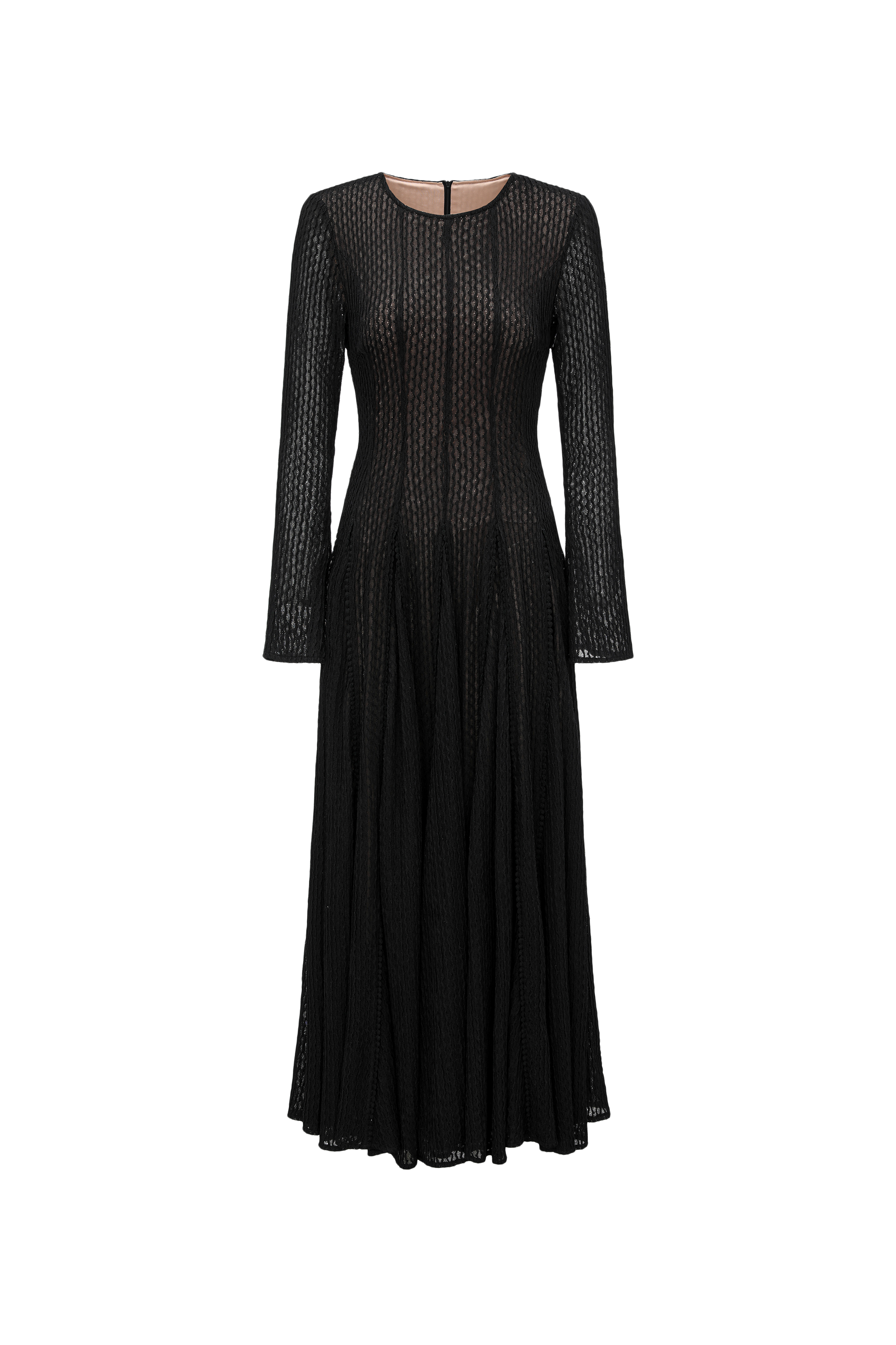 Round-Neck Dress with 3D Wave Texture & Lace-Openwork