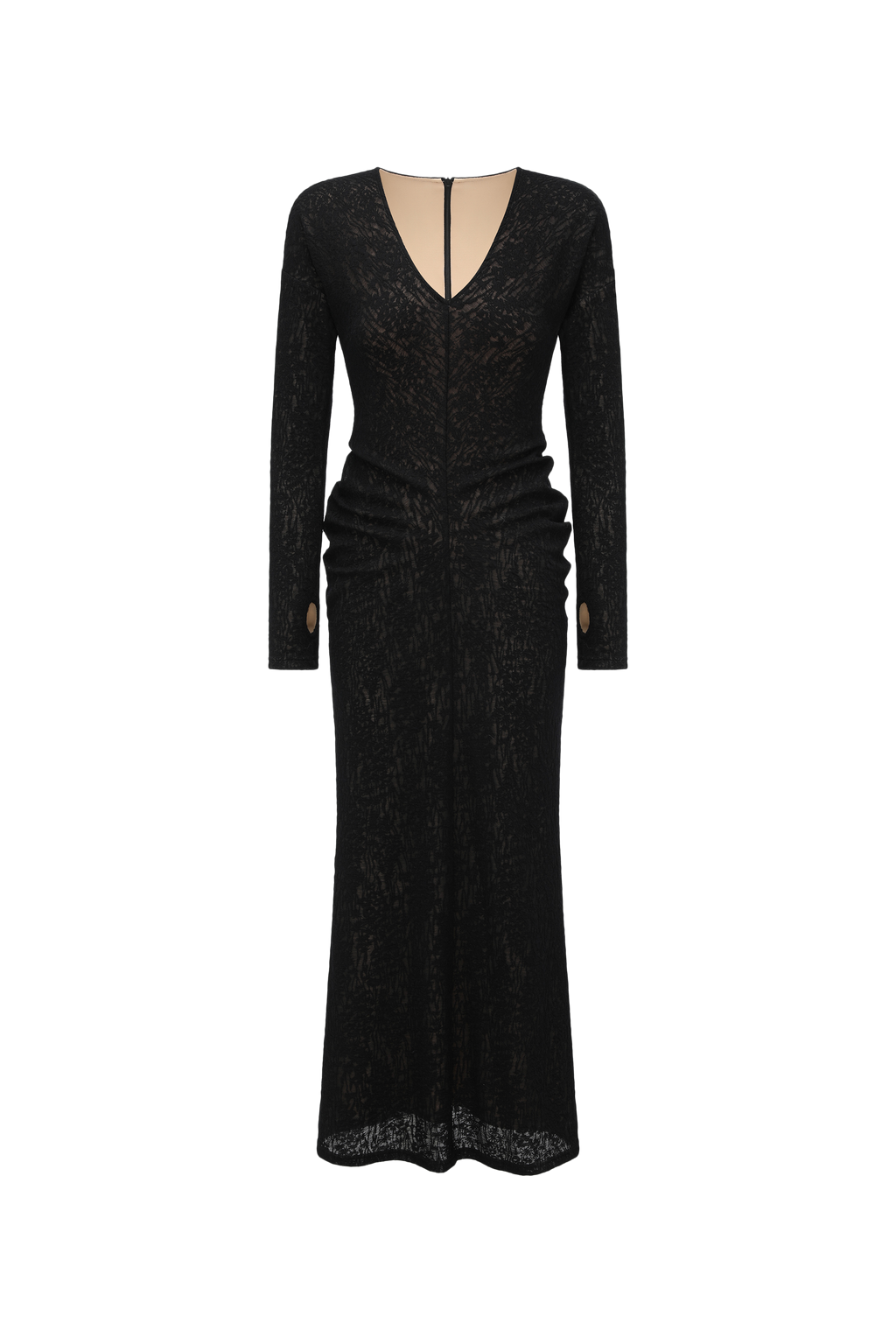 V-Neck Wool Dress with Jacquard & Lace-Openwork Detailing