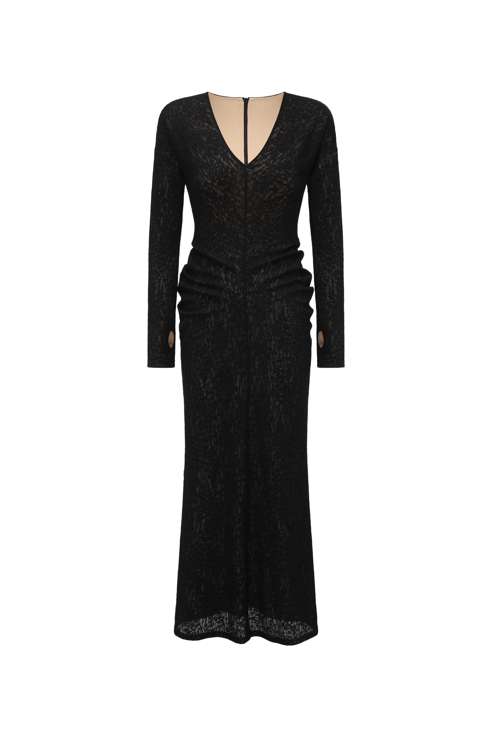V-Neck Wool Dress with Jacquard & Lace-Openwork Detailing