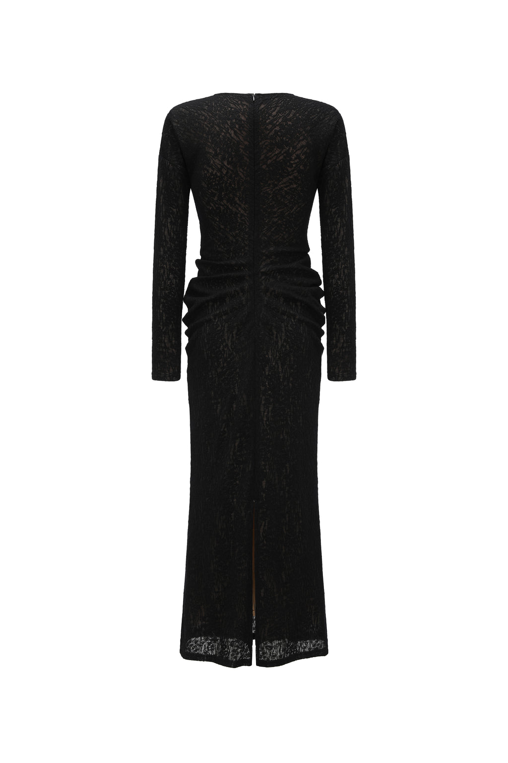 V-Neck Wool Dress with Jacquard & Lace-Openwork Detailing