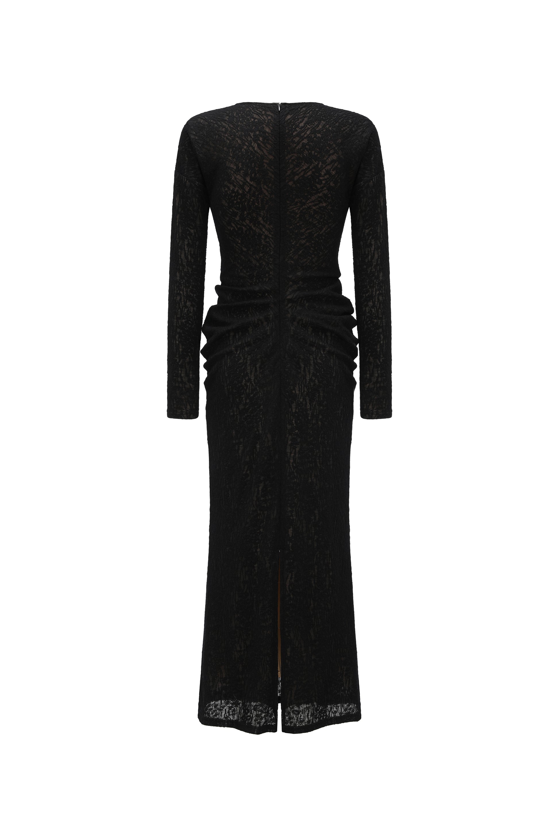 V-Neck Wool Dress with Jacquard & Lace-Openwork Detailing