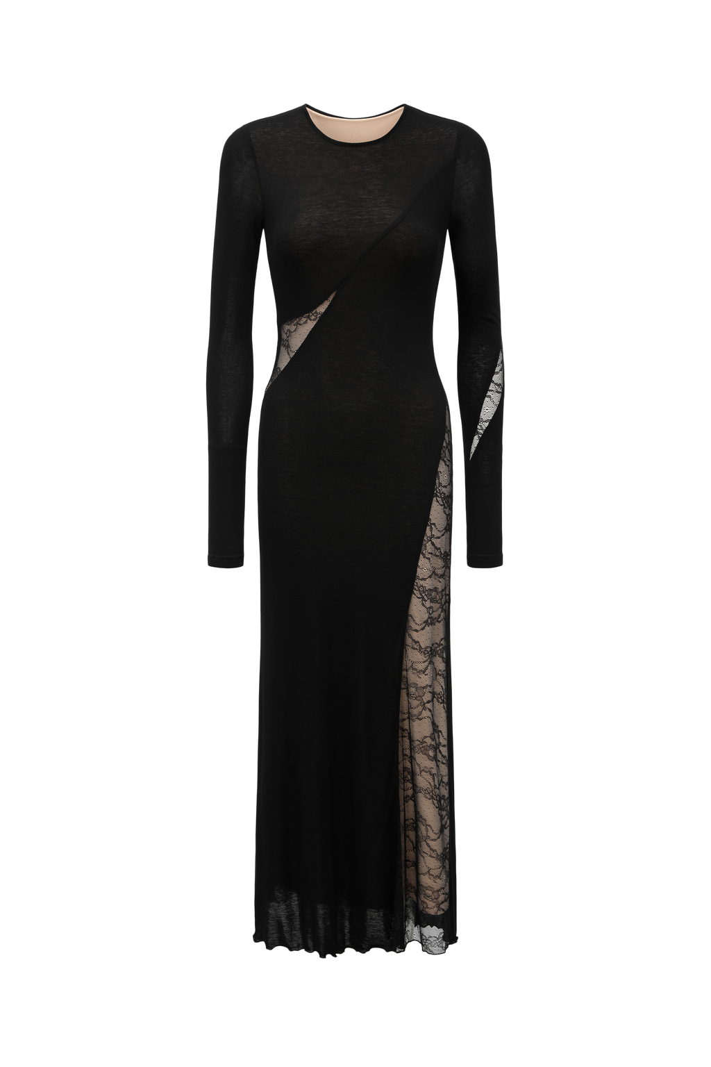 Round-Neck Dress with Contrast Lace Insets