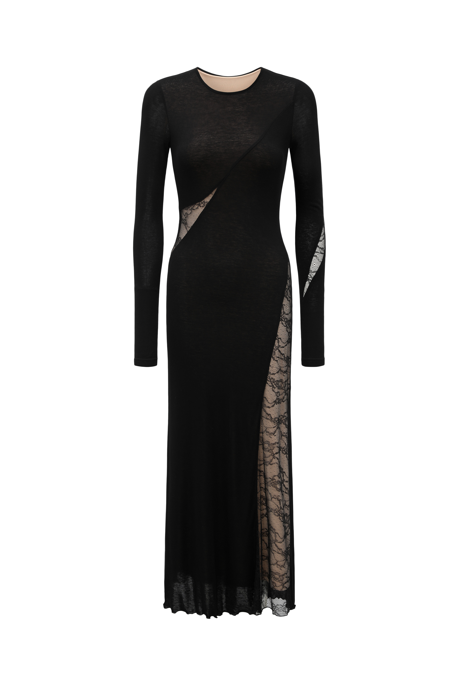 Round-Neck Dress with Contrast Lace Insets