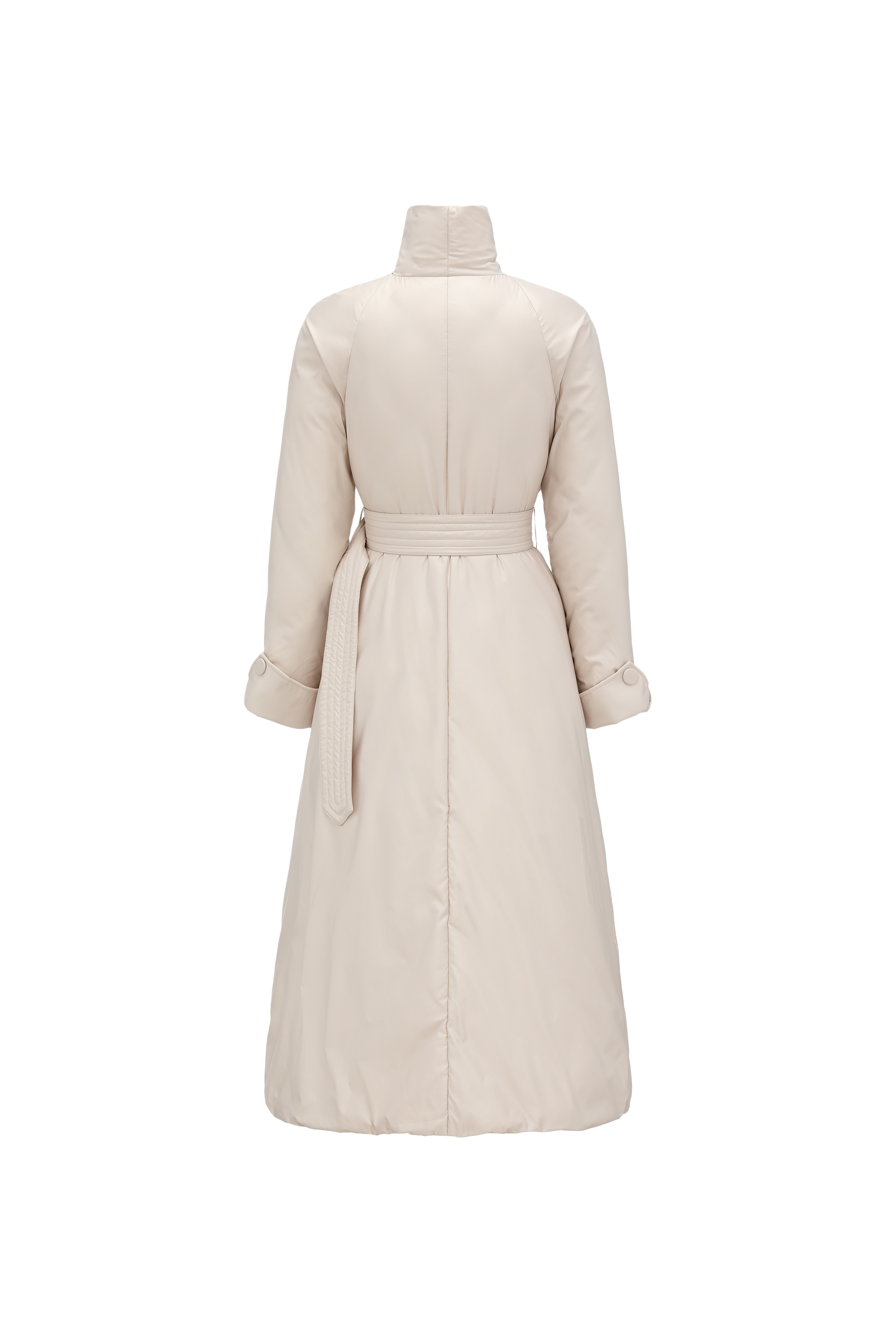 Stand-Collar Long Down Coat Cross-Wrap Waist-Defining Silhouette