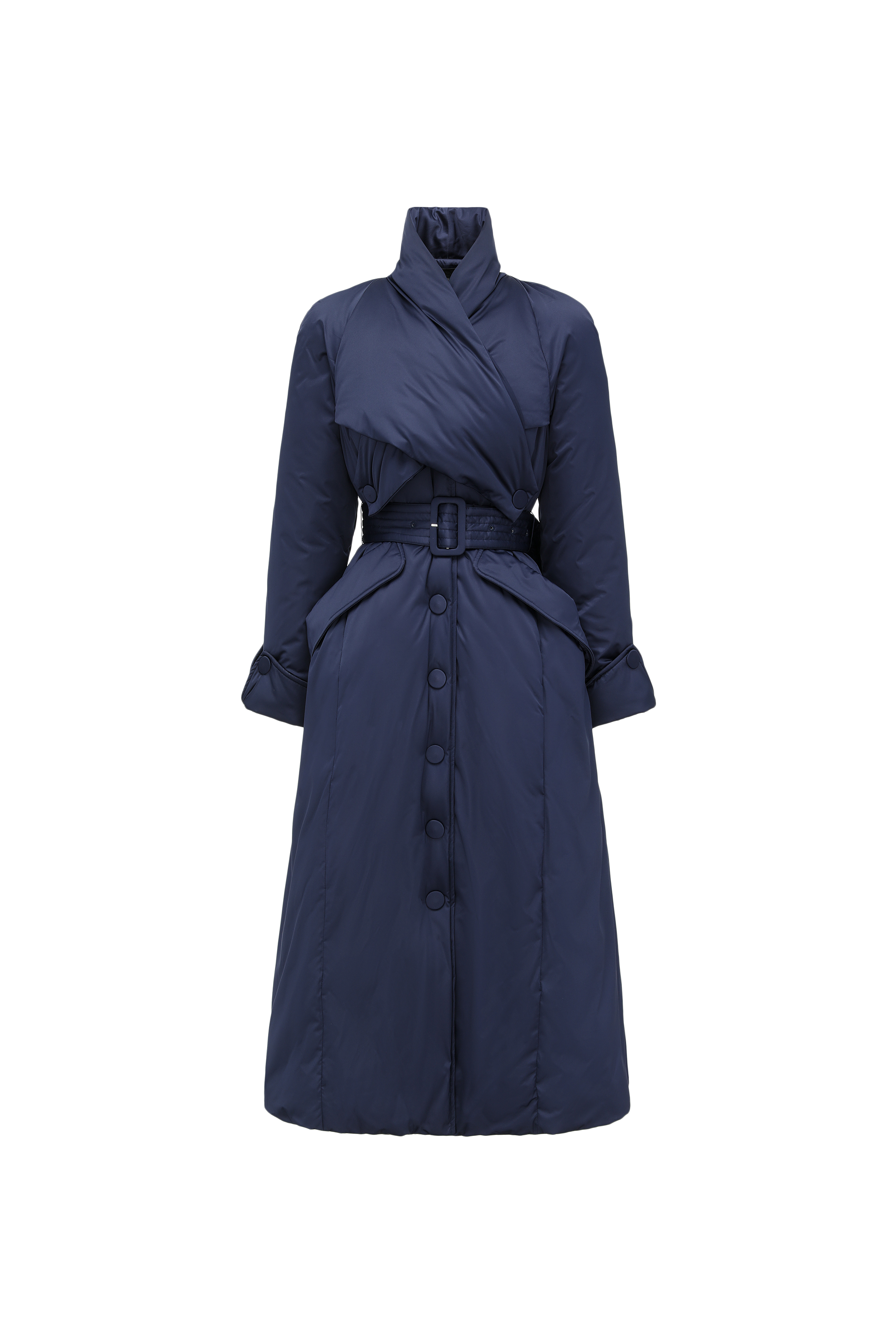 Stand-Collar Long Down Coat Cross-Wrap Waist-Defining Silhouette