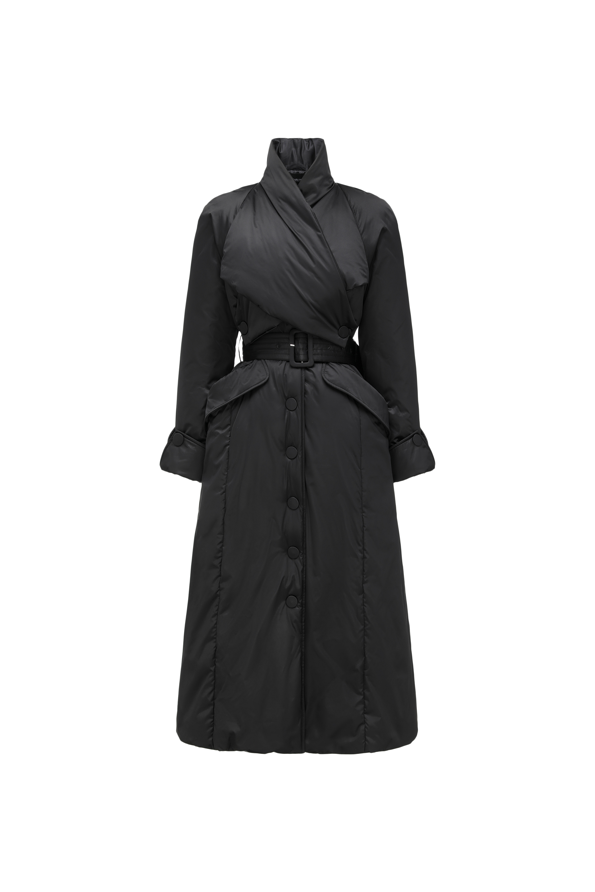 Stand-Collar Long Down Coat Cross-Wrap Waist-Defining Silhouette
