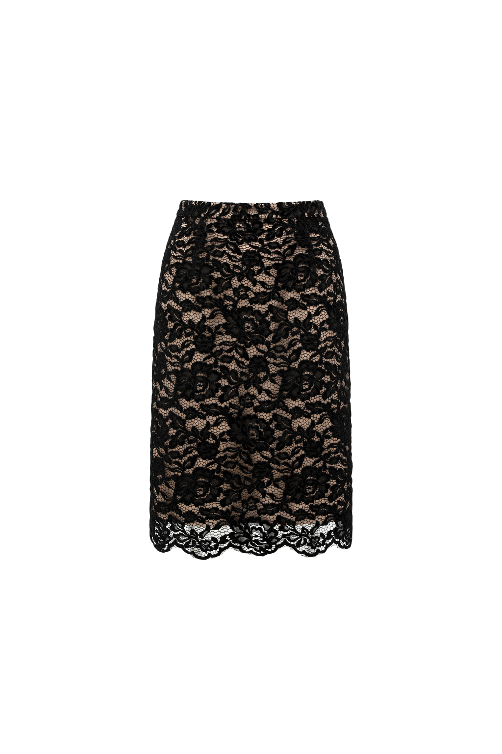 High-Waisted Pencil Skirt in Flocked Lace & Openwork