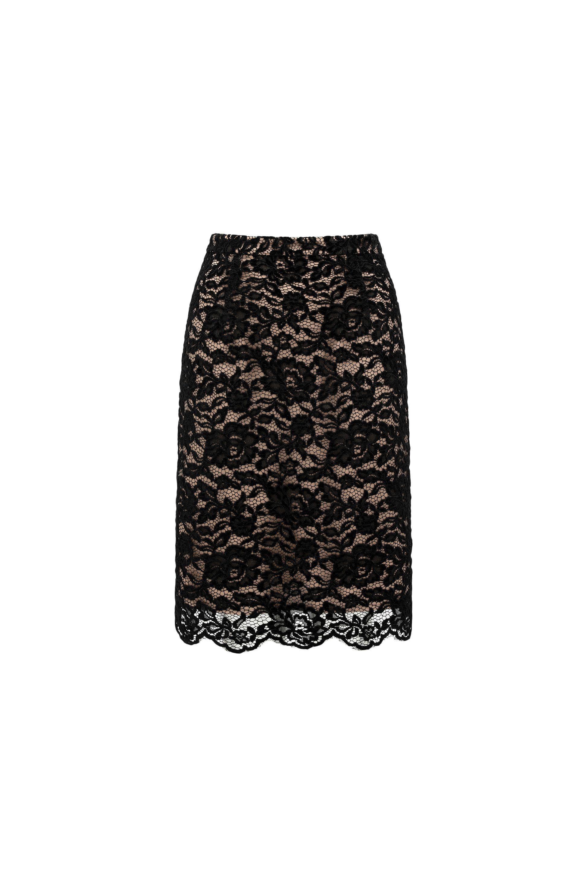 High-Waisted Pencil Skirt in Flocked Lace & Openwork