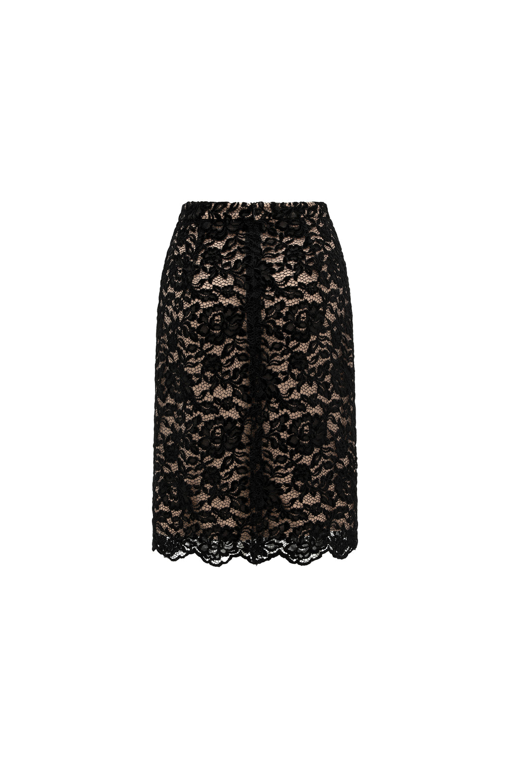 High-Waisted Pencil Skirt in Flocked Lace & Openwork