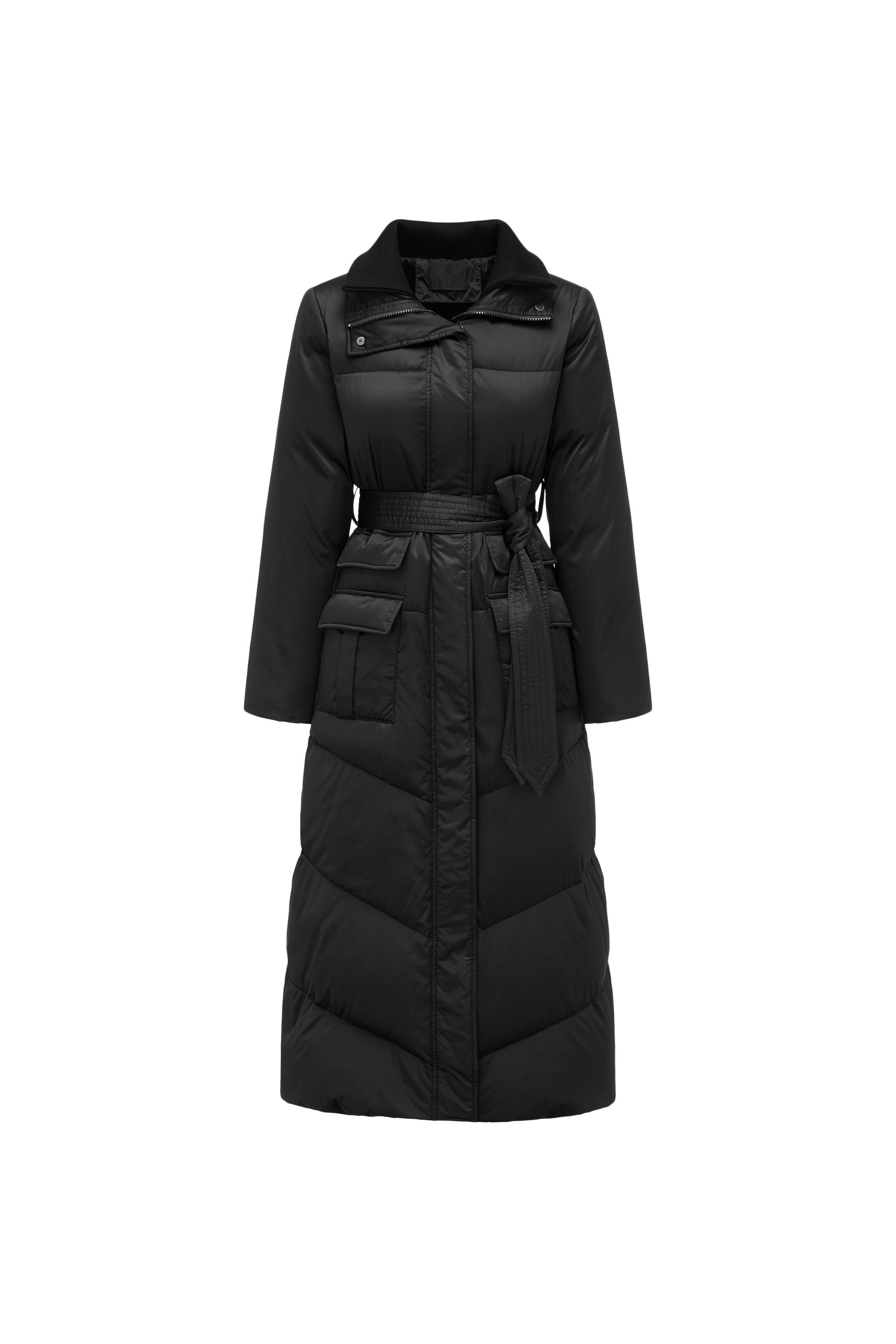 Stand-Collar Tied Long Down Coat