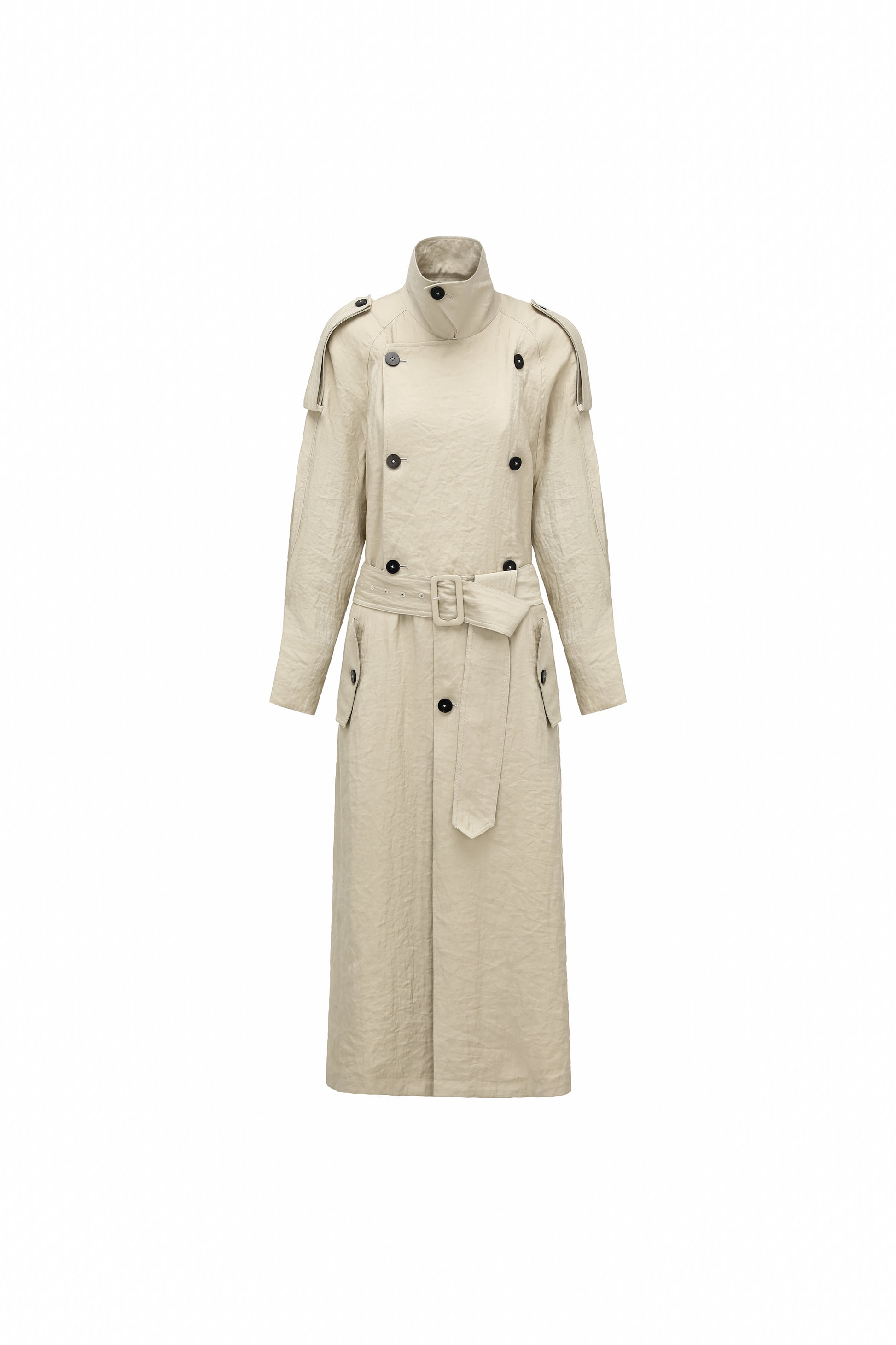 Textured Raglan-Sleeve Long Trench Coat with Organic Draping