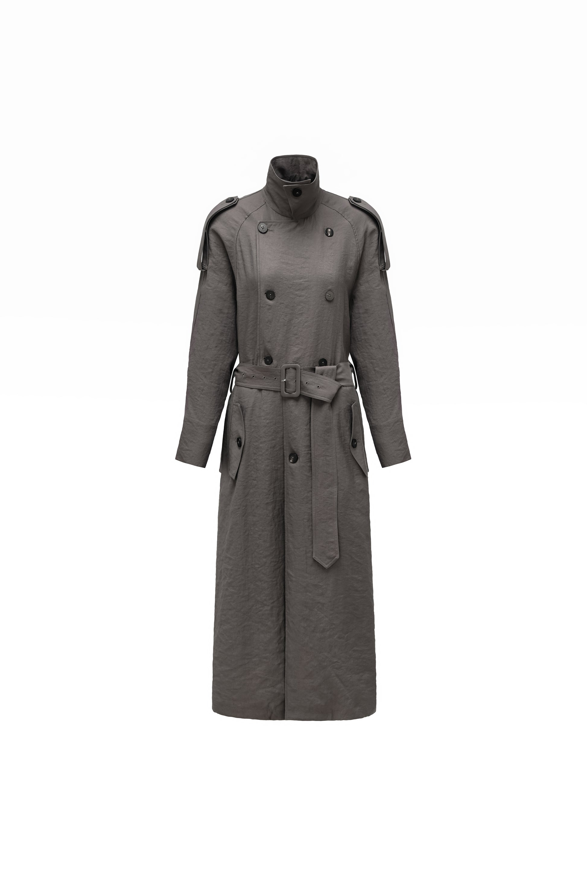 Textured Raglan-Sleeve Long Trench Coat with Organic Draping