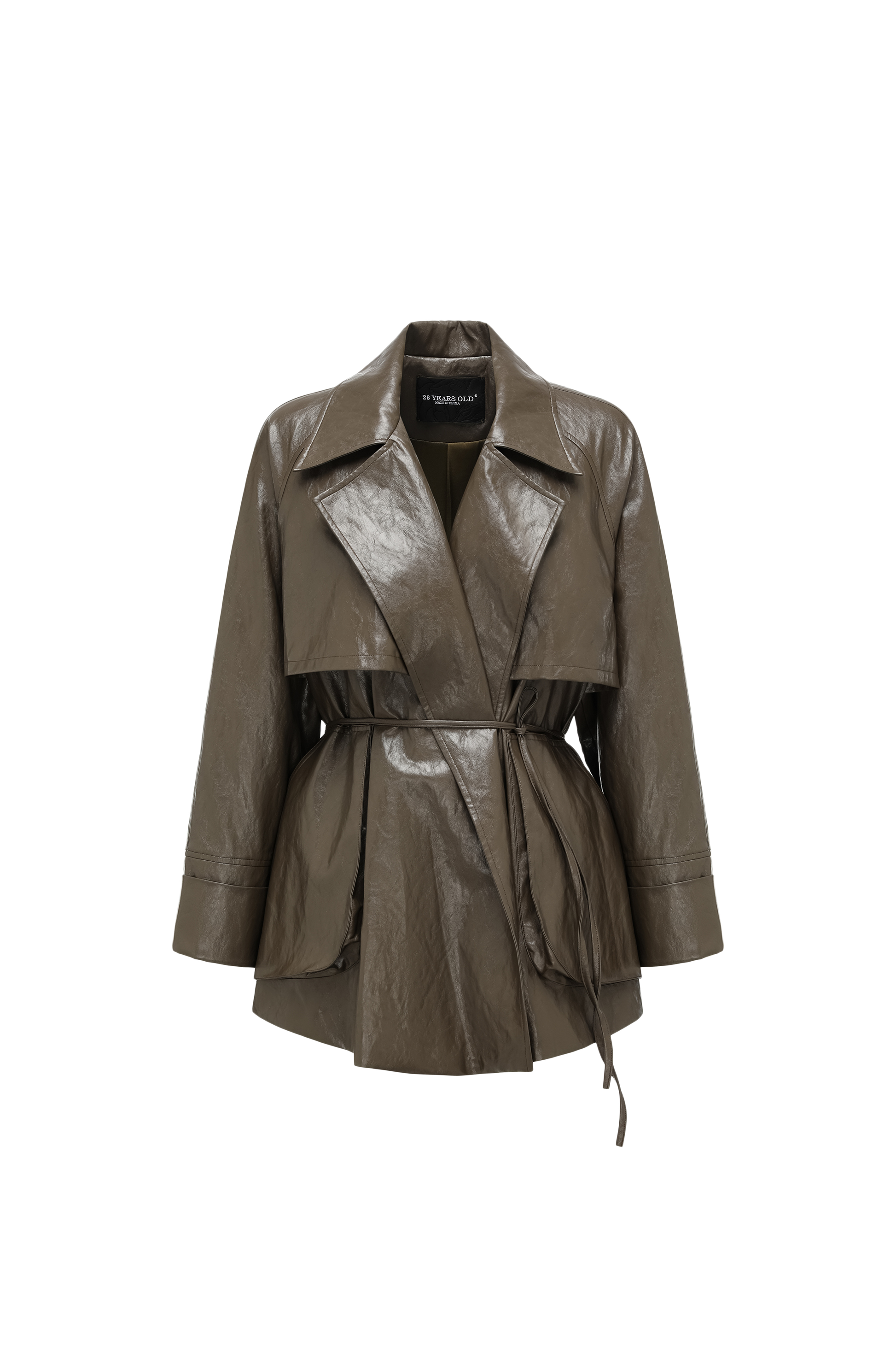 Relaxed Fit Belted Thigh-Length Leather-Look Jacket ( Faux Leather)